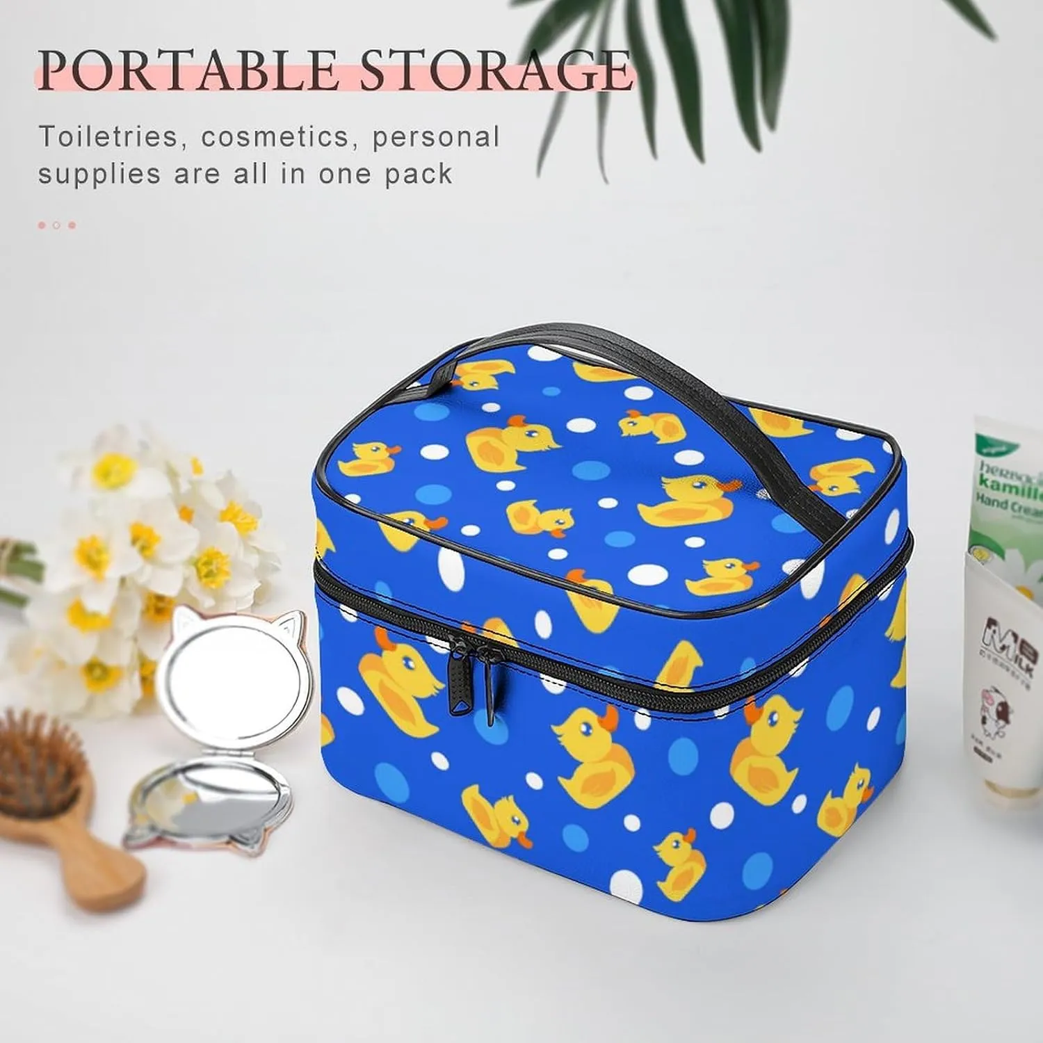 Makeup Bag Little Rubber Ducks Cute Cosmetic Bag for Women, Beauty Zipper Makeup Organizer PU Leather Waterproof Toiletry Train Case Bubbles