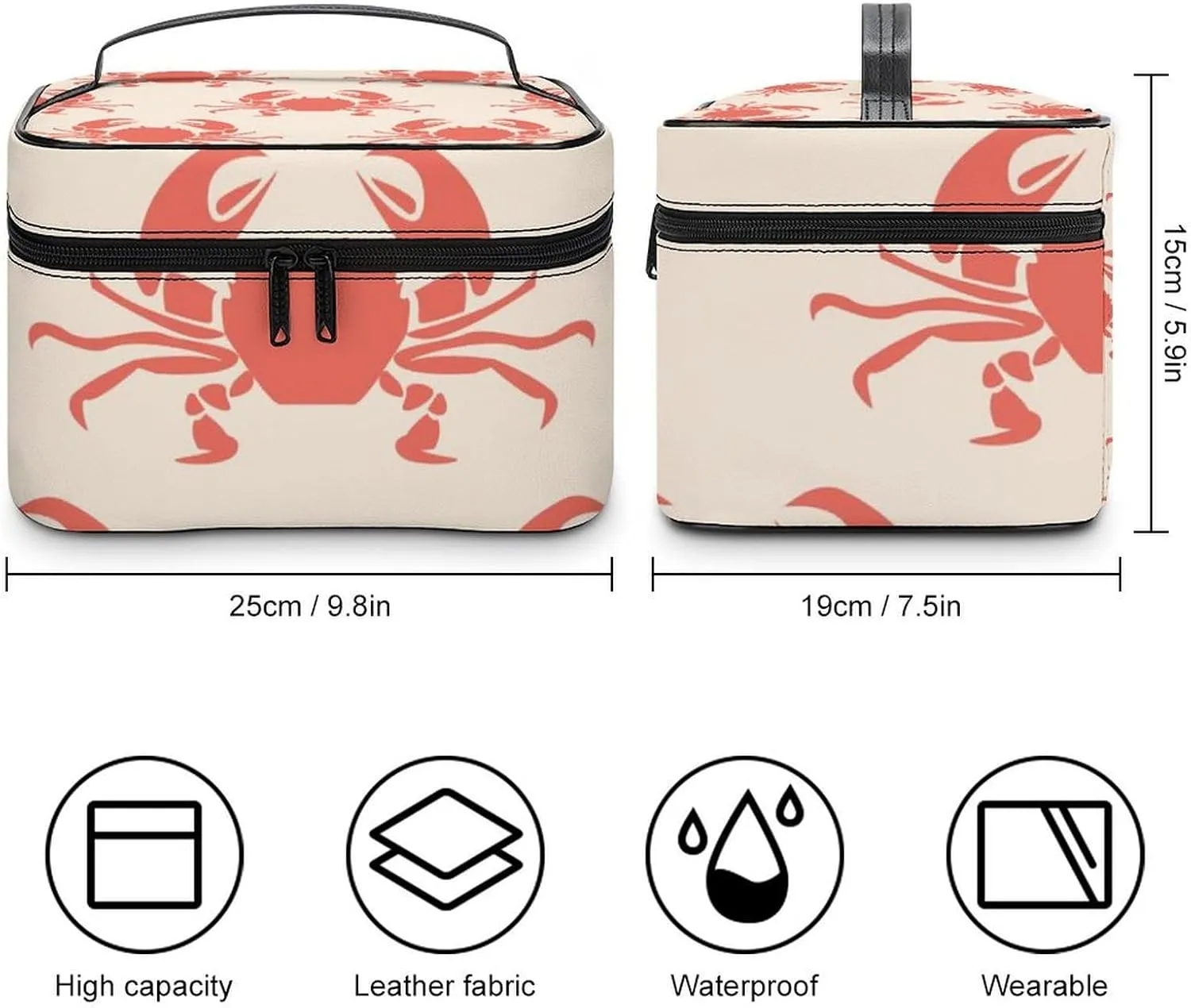 Makeup Bag Sea Crabs Cosmetic Bag for Women, Beauty Zipper Makeup Organizer PU Leather Waterproof Toiletry Train Case Retro Marine