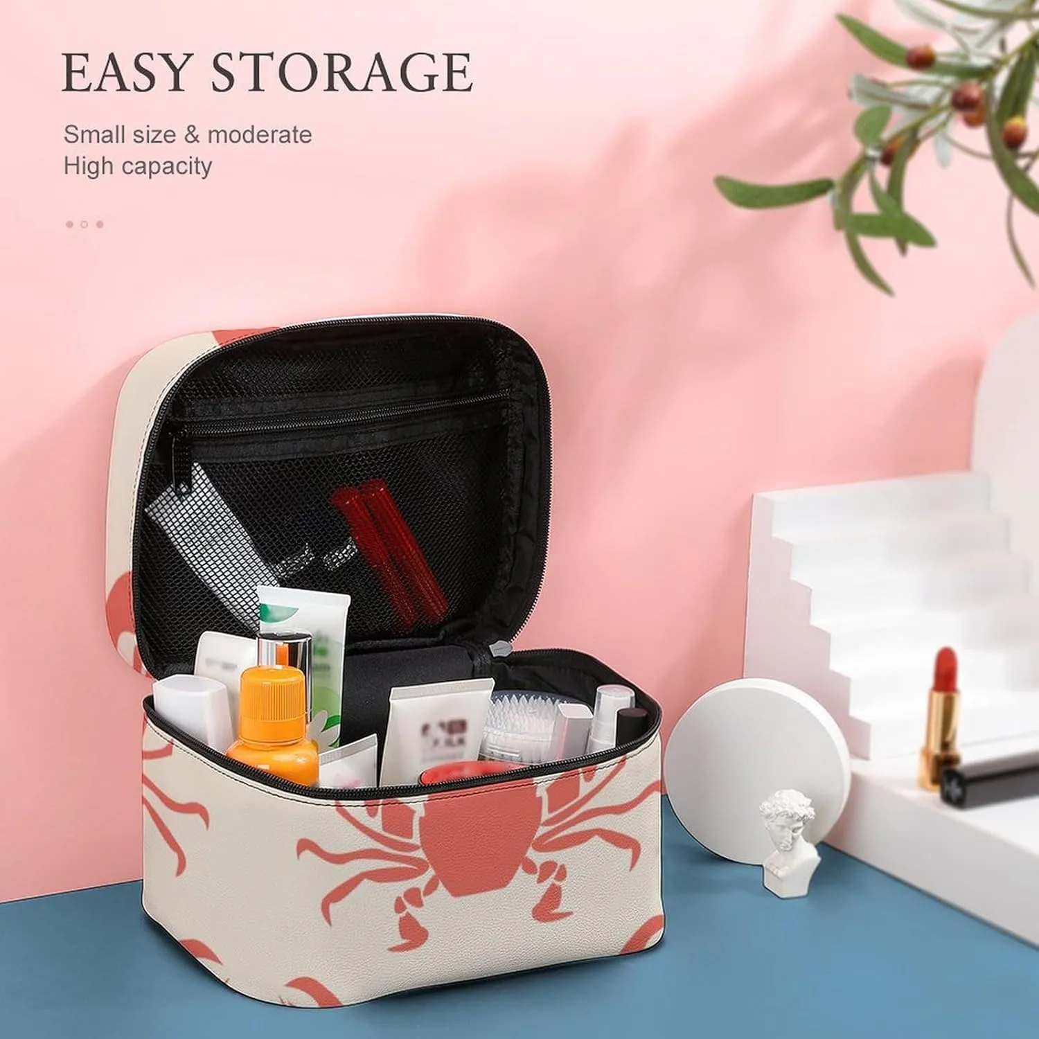 Makeup Bag Sea Crabs Cosmetic Bag for Women, Beauty Zipper Makeup Organizer PU Leather Waterproof Toiletry Train Case Retro Marine