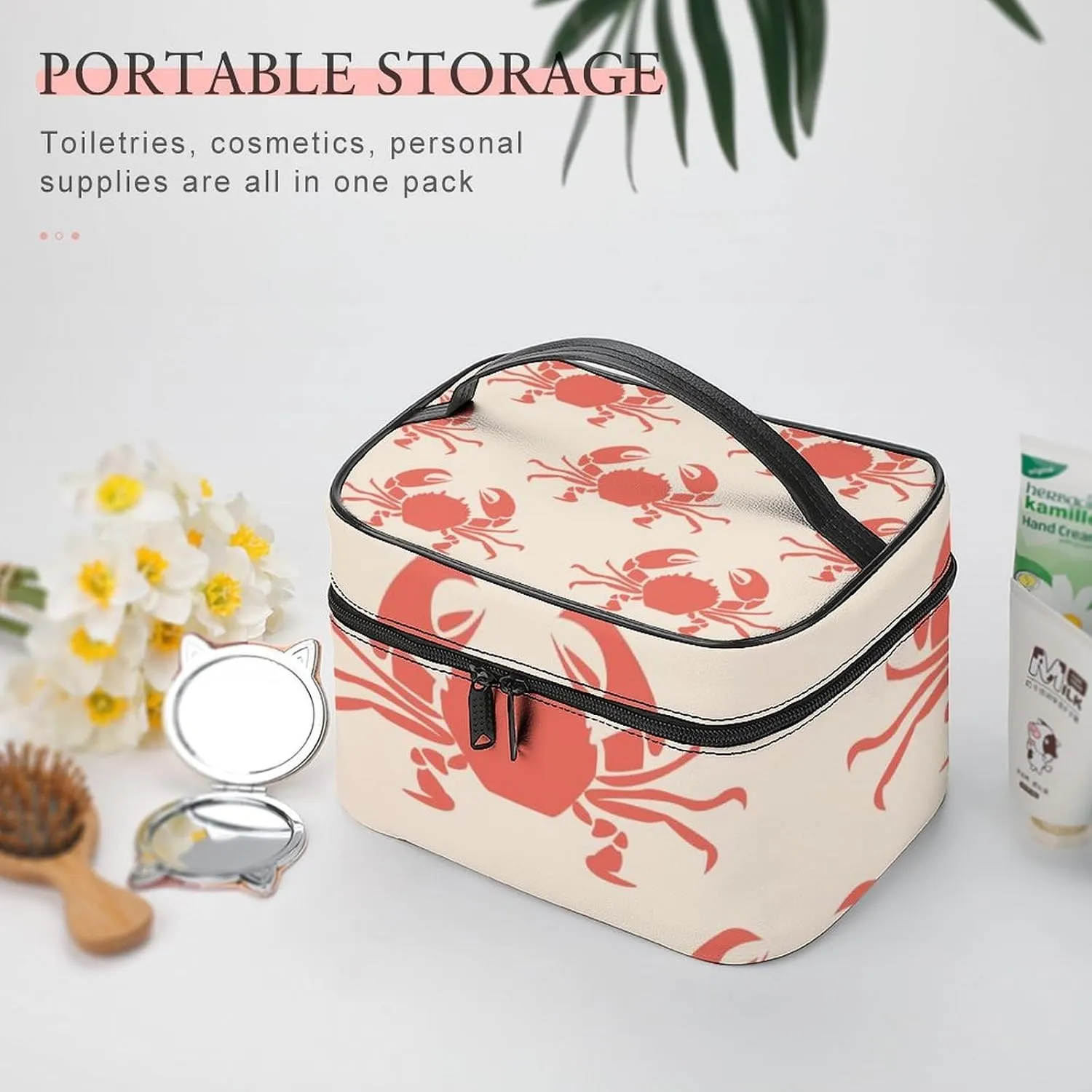 Makeup Bag Sea Crabs Cosmetic Bag for Women, Beauty Zipper Makeup Organizer PU Leather Waterproof Toiletry Train Case Retro Marine