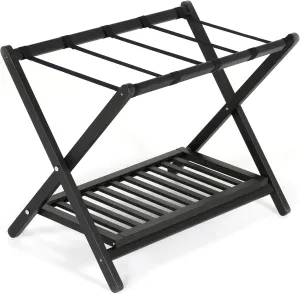 M&T Displays Beech Wood Folding Luggage Rack Travel Suitcase with Woolen Strips and Shelf for Home Hotel Gym Spa Guest Room 200 lbs Carriage Capacity Black 18x30 Inches