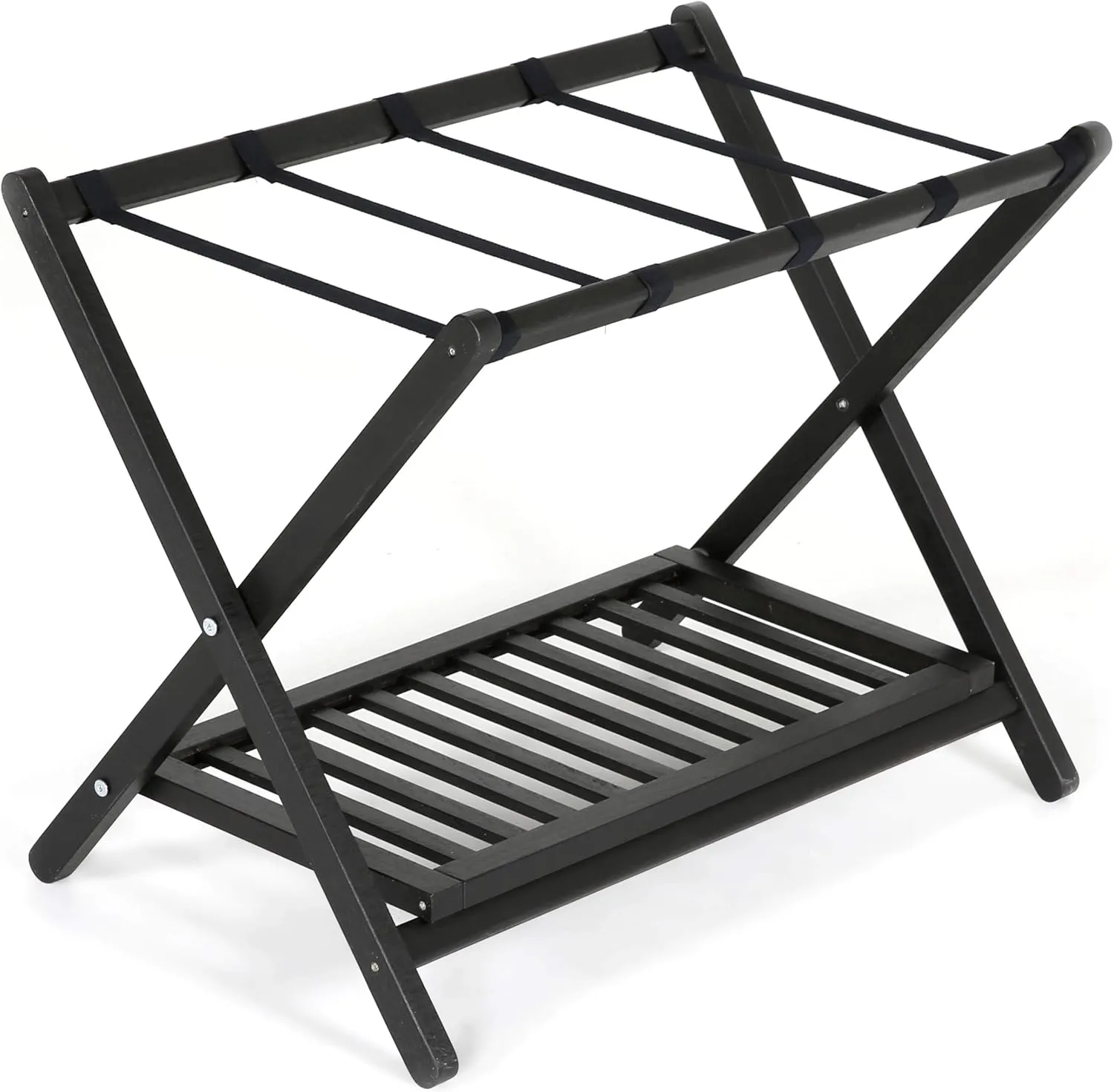 M&T Displays Beech Wood Folding Luggage Rack Travel Suitcase with Woolen Strips and Shelf for Home Hotel Gym Spa Guest Room 200 lbs Carriage Capacity Black 18x30 Inches
