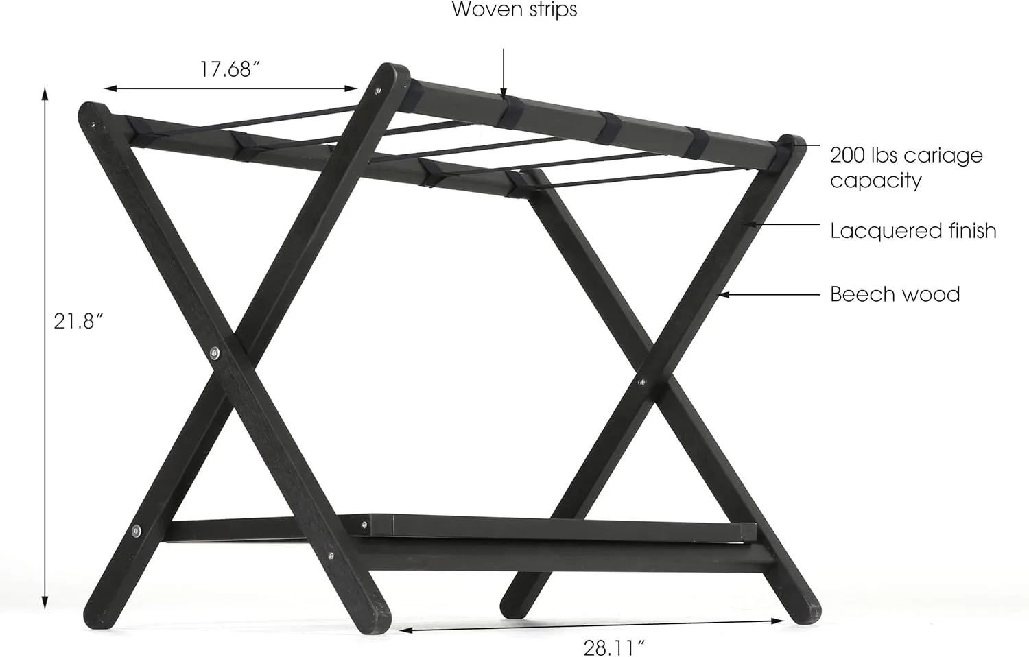 M&T Displays Beech Wood Folding Luggage Rack Travel Suitcase with Woolen Strips and Shelf for Home Hotel Gym Spa Guest Room 200 lbs Carriage Capacity Black 18x30 Inches