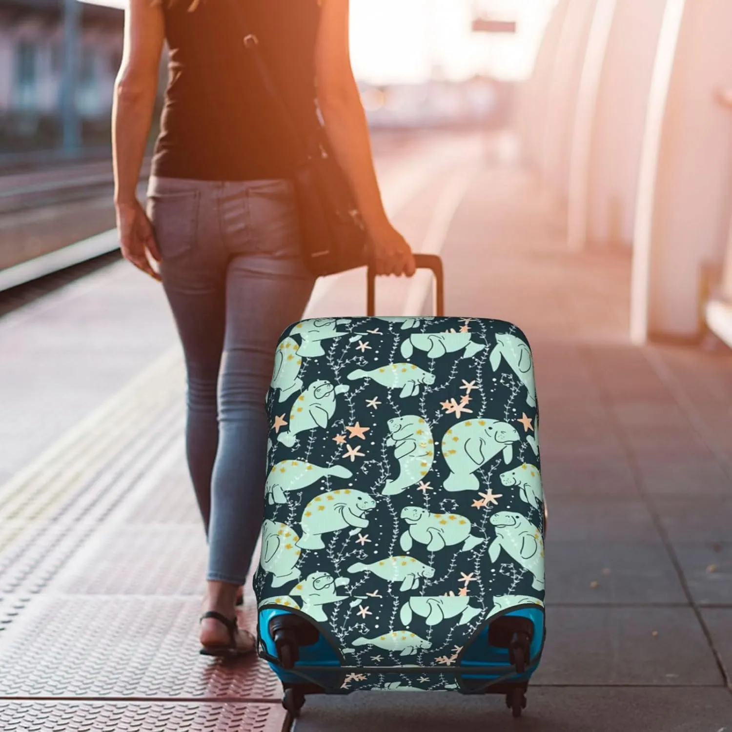 Manatee Animals Calf Print Luggage Cover For Suitcases, Elastic Travel Bag For Luggage, Stylish Design