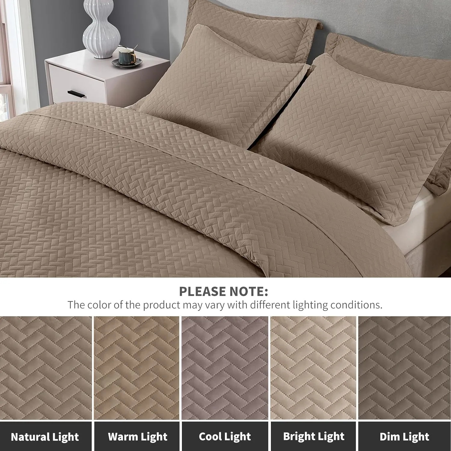 Maple&Stone Quilt Set King Size, Brown Lightweight Bedspread Ultrasonic Chevron Pattern Light Coverlet for All Season Comforter Bedding Decor - 3 Piece King Bed Cover Sets