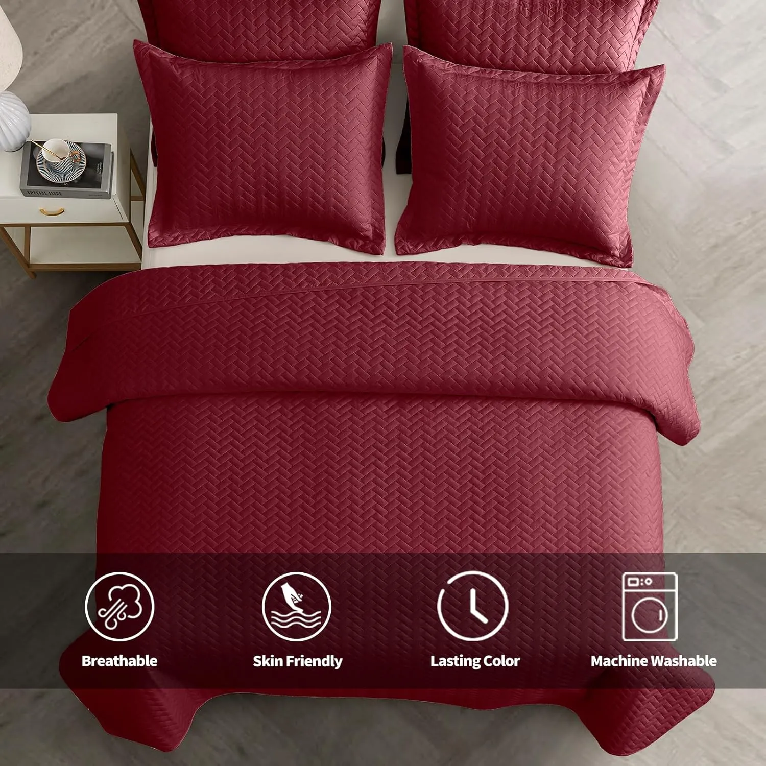 Maple&Stone Quilt Set Queen Size, Burgundy Lightweight Bedspread Ultrasonic Chevron Pattern Light Coverlet for All Season Comforter Bedding Decor - 3 Piece Queen Bed Cover Sets