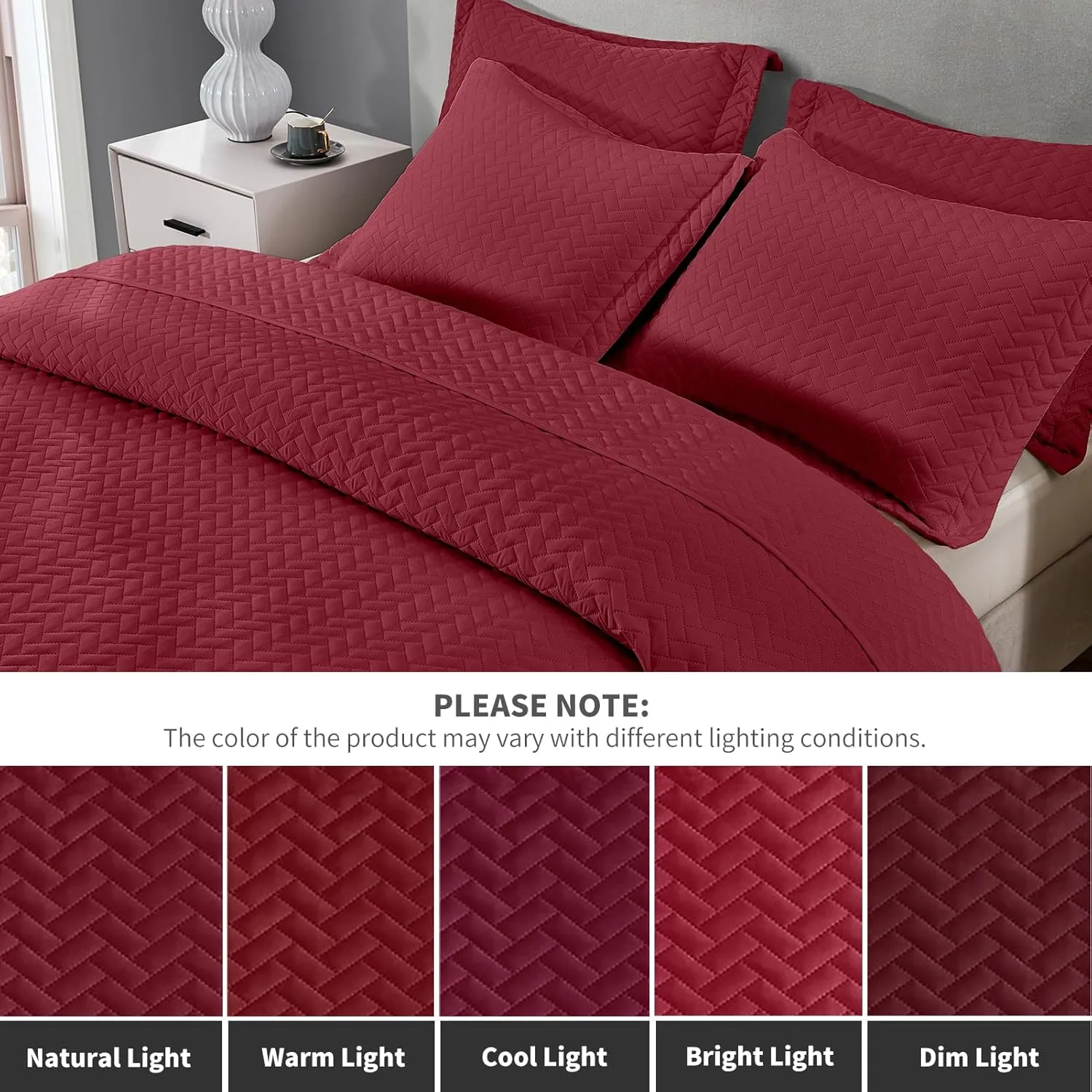 Maple&Stone Quilt Set Queen Size, Burgundy Lightweight Bedspread Ultrasonic Chevron Pattern Light Coverlet for All Season Comforter Bedding Decor - 3 Piece Queen Bed Cover Sets