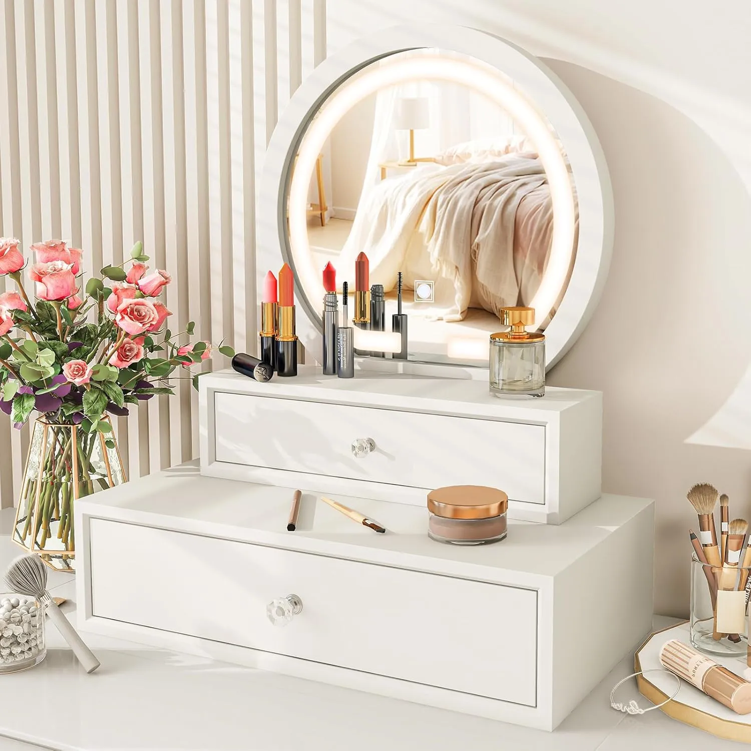 MAT EXPERT Vanity Mirror with Lights, Small Table Top Dressing Mirror with 2 Drawers, 3 Adjustable Light, Detachable Design, Touch Control, LED Makeup Mirror for Bedroom, Cloakroom, Dressing Room