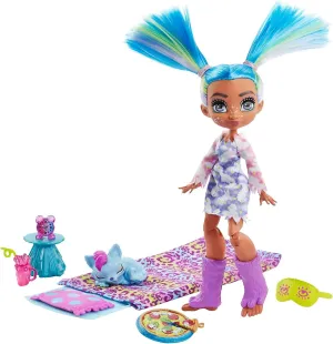Mattel Cave Club Stellar Sleepover Adventure Playset with Tella Doll (8-10-inch, Blue Hair), Prehistoric Pet and Accessories, for 4 Year Olds and Up