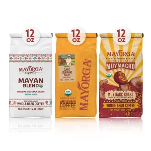 Mayorga Dark Roast Coffee Gift Pack of 3, 12 oz bags- Mayan Blend, Cubano Roast and Muy Macho - 100% Arabica Café Whole Coffee Beans - Smoothest Organic Coffee - Specialty Grade, Non-GMO, Direct Trade