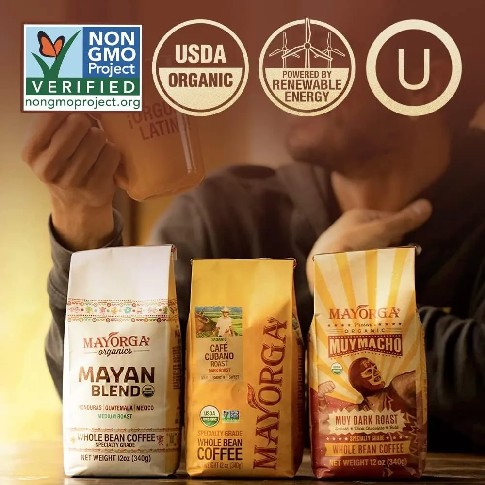 Mayorga Dark Roast Coffee Gift Pack of 3, 12 oz bags- Mayan Blend, Cubano Roast and Muy Macho - 100% Arabica Café Whole Coffee Beans - Smoothest Organic Coffee - Specialty Grade, Non-GMO, Direct Trade
