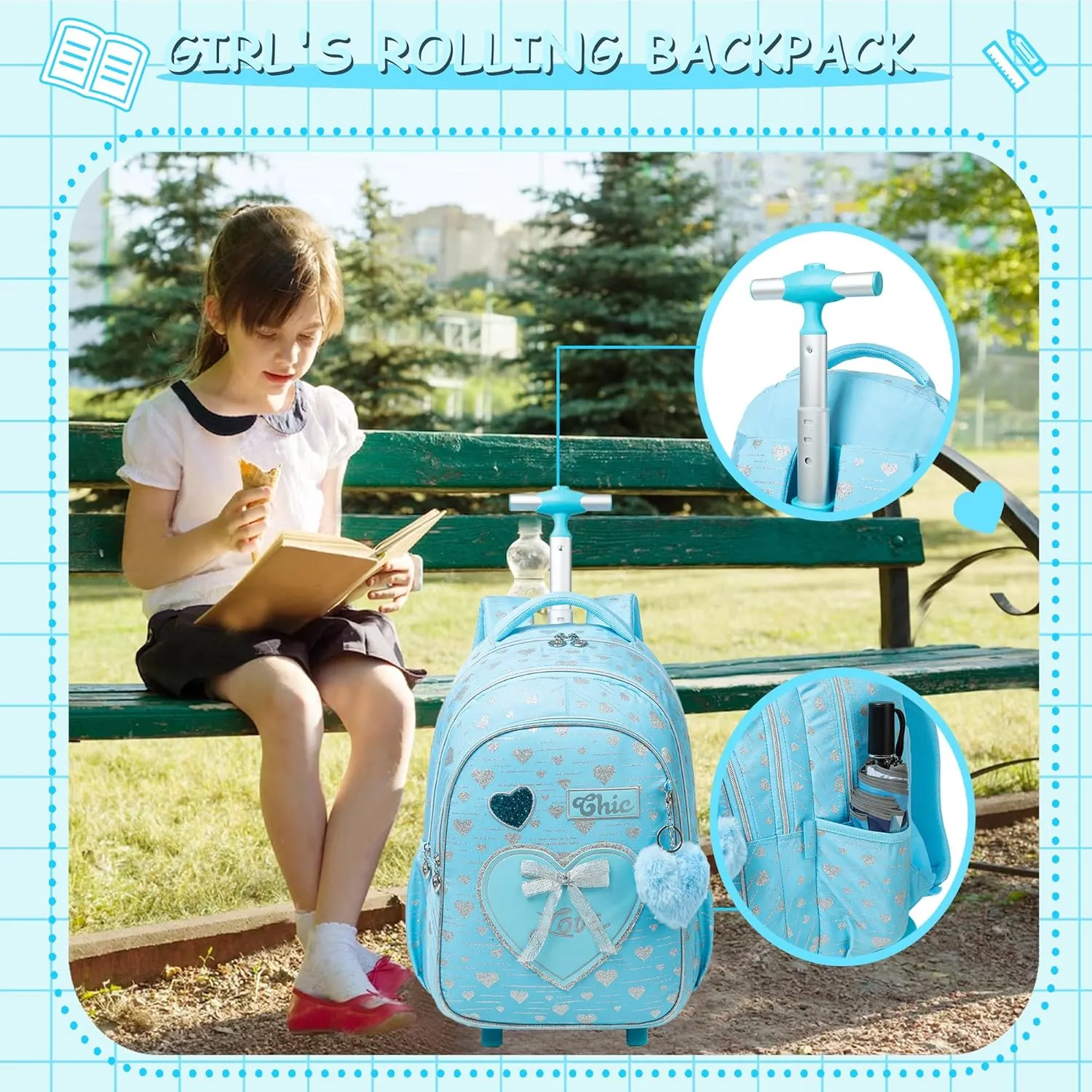 Meetbelify Girls Kids Rolling Backpack with Wheels - 3 in 1 Travel Backpack and Luggage for Elementary Students Ages 6-8