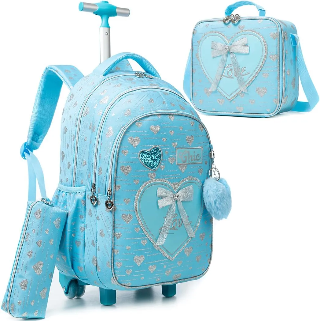 Meetbelify Girls Kids Rolling Backpack with Wheels - 3 in 1 Travel Backpack and Luggage for Elementary Students Ages 6-8