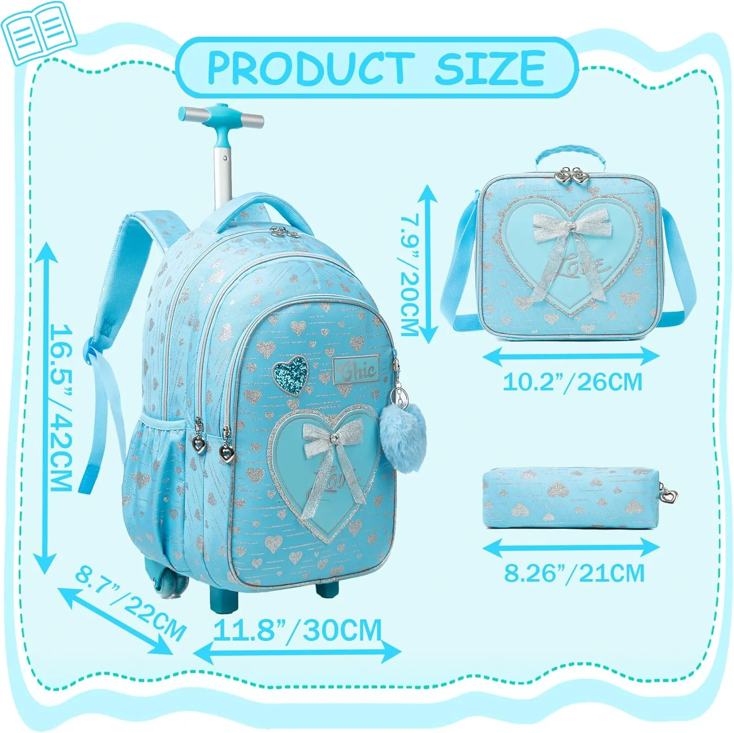 Meetbelify Girls Kids Rolling Backpack with Wheels - 3 in 1 Travel Backpack and Luggage for Elementary Students Ages 6-8