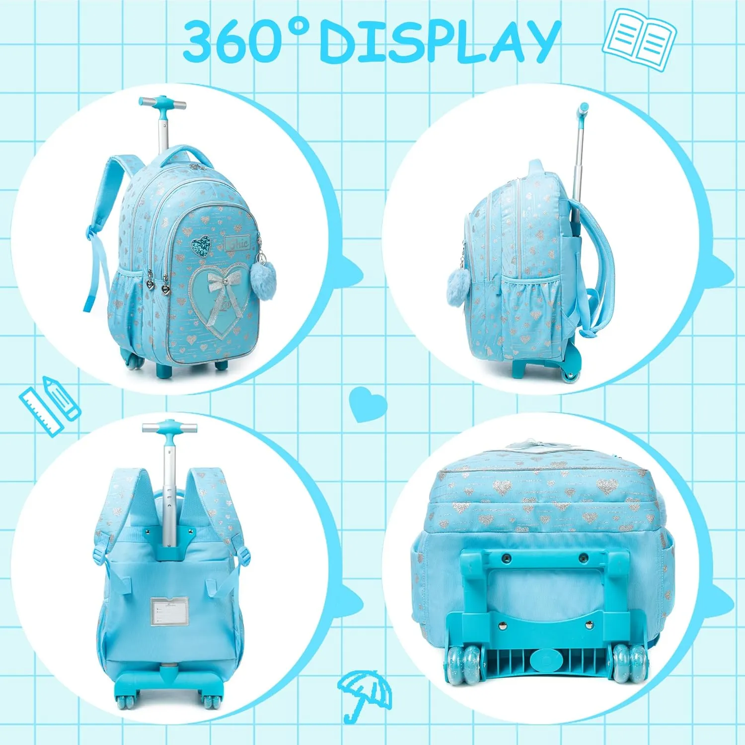 Meetbelify Girls Kids Rolling Backpack with Wheels - 3 in 1 Travel Backpack and Luggage for Elementary Students Ages 6-8