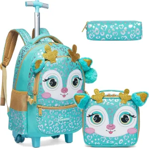Meetbelify Girls Rolling Backpack with Wheels for Elementary Preschool Students Kids 3 in 1 Travel Luggage Carry on Suitcase with Lunch Box Pencil Case for Girls Age 8-10