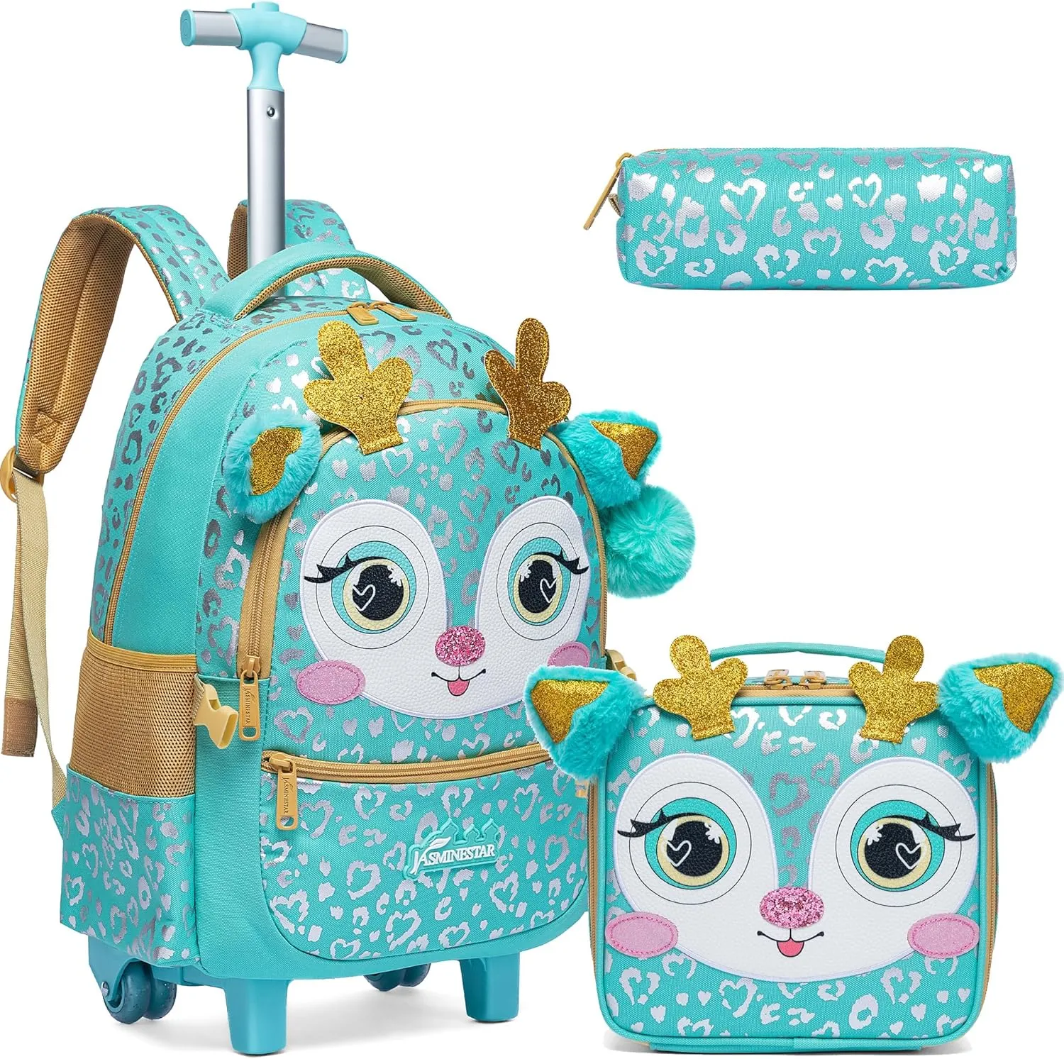 Meetbelify Girls Rolling Backpack with Wheels for Elementary Preschool Students Kids 3 in 1 Travel Luggage Carry on Suitcase with Lunch Box Pencil Case for Girls Age 8-10