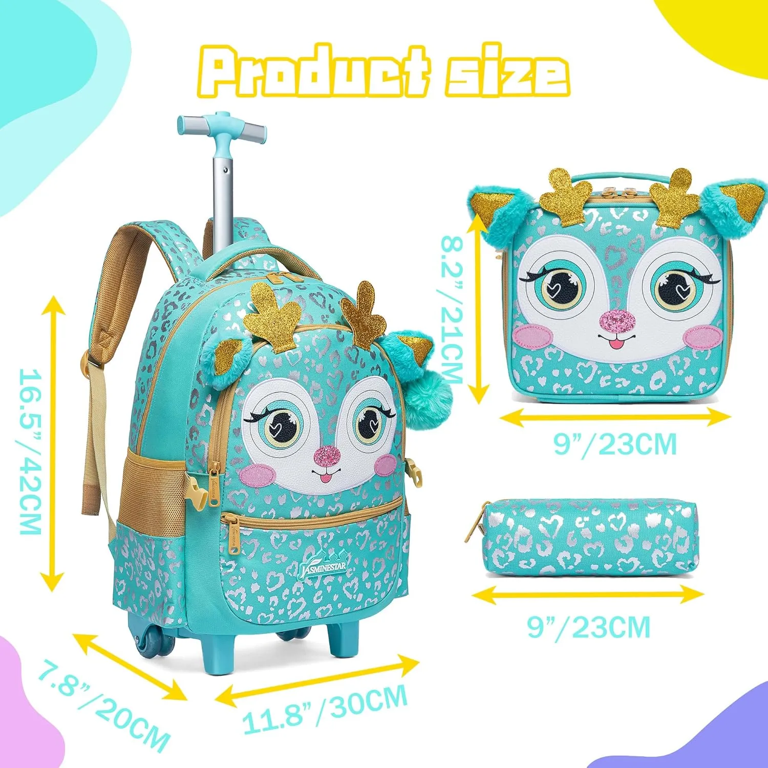 Meetbelify Girls Rolling Backpack with Wheels for Elementary Preschool Students Kids 3 in 1 Travel Luggage Carry on Suitcase with Lunch Box Pencil Case for Girls Age 8-10