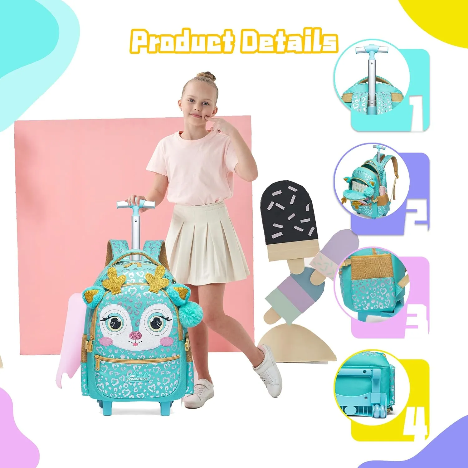 Meetbelify Girls Rolling Backpack with Wheels for Elementary Preschool Students Kids 3 in 1 Travel Luggage Carry on Suitcase with Lunch Box Pencil Case for Girls Age 8-10