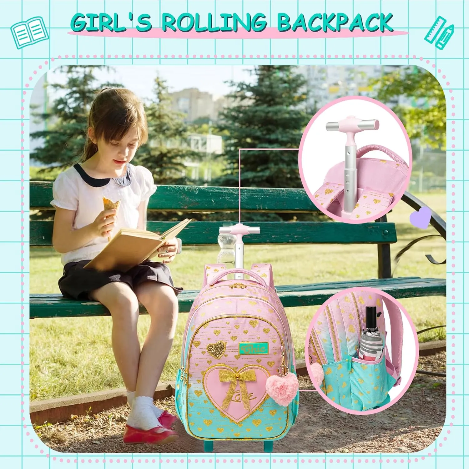 Meetbelify Kids Backpacks with Wheels for Girls Rolling Backpack with Lunch Box for Elementary Students Carry on Backpack Travel Suitcase Trip Luggage for Girls Ages 6-8