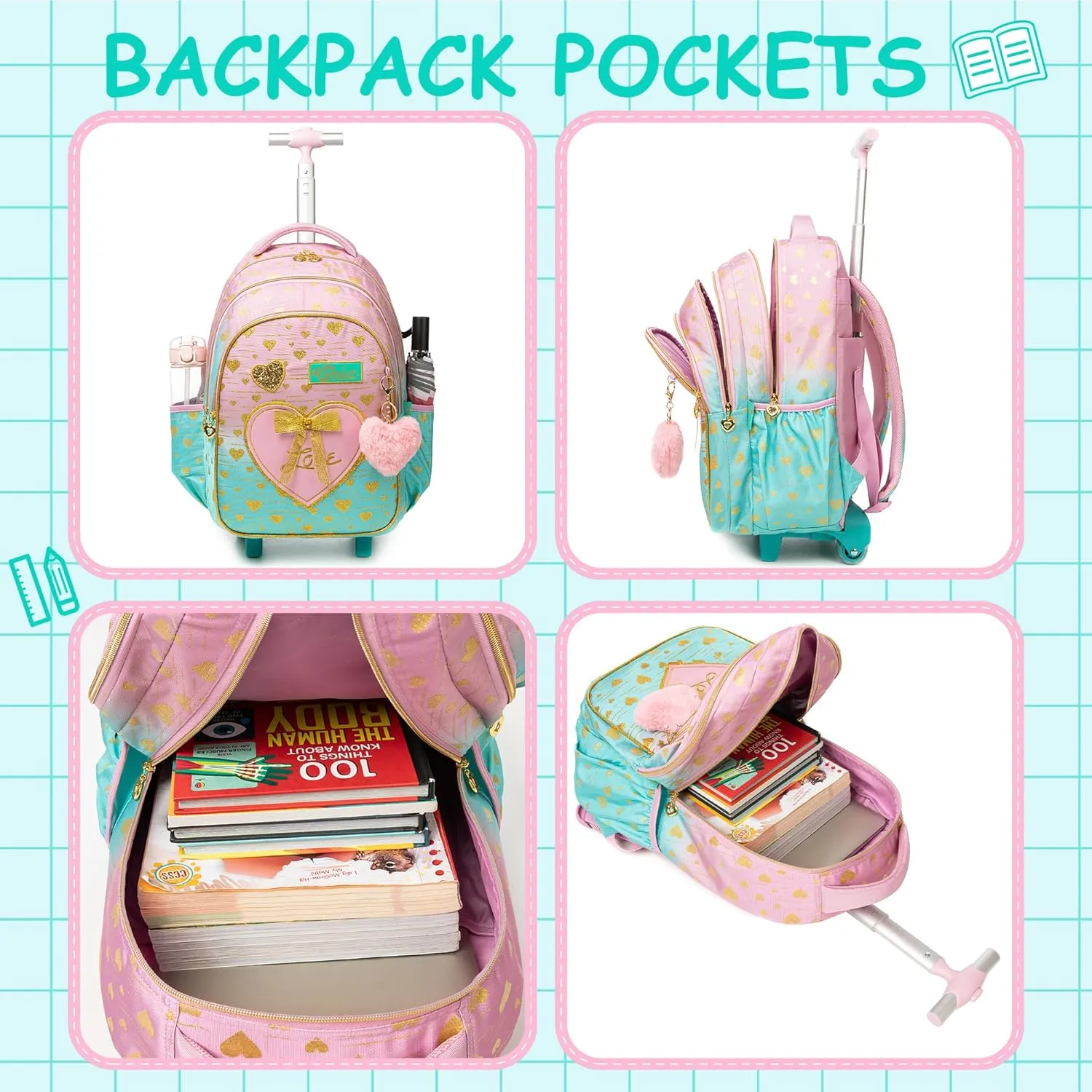 Meetbelify Kids Backpacks with Wheels for Girls Rolling Backpack with Lunch Box for Elementary Students Carry on Backpack Travel Suitcase Trip Luggage for Girls Ages 6-8