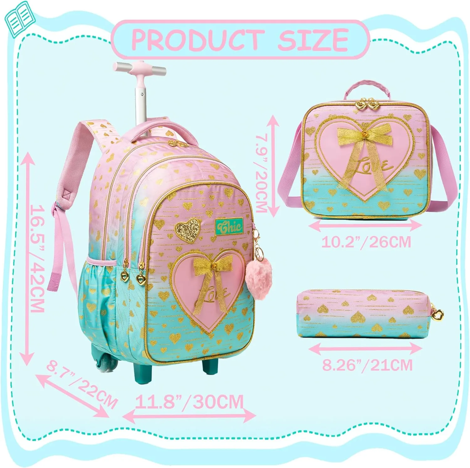 Meetbelify Kids Backpacks with Wheels for Girls Rolling Backpack with Lunch Box for Elementary Students Carry on Backpack Travel Suitcase Trip Luggage for Girls Ages 6-8