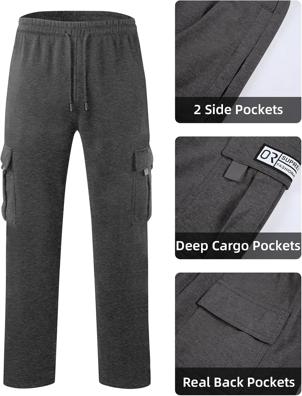Men's Cargo Sweatpants Open Bottom Fleece Hiking Jogger Cargo Sweatpants for Men with Pockets