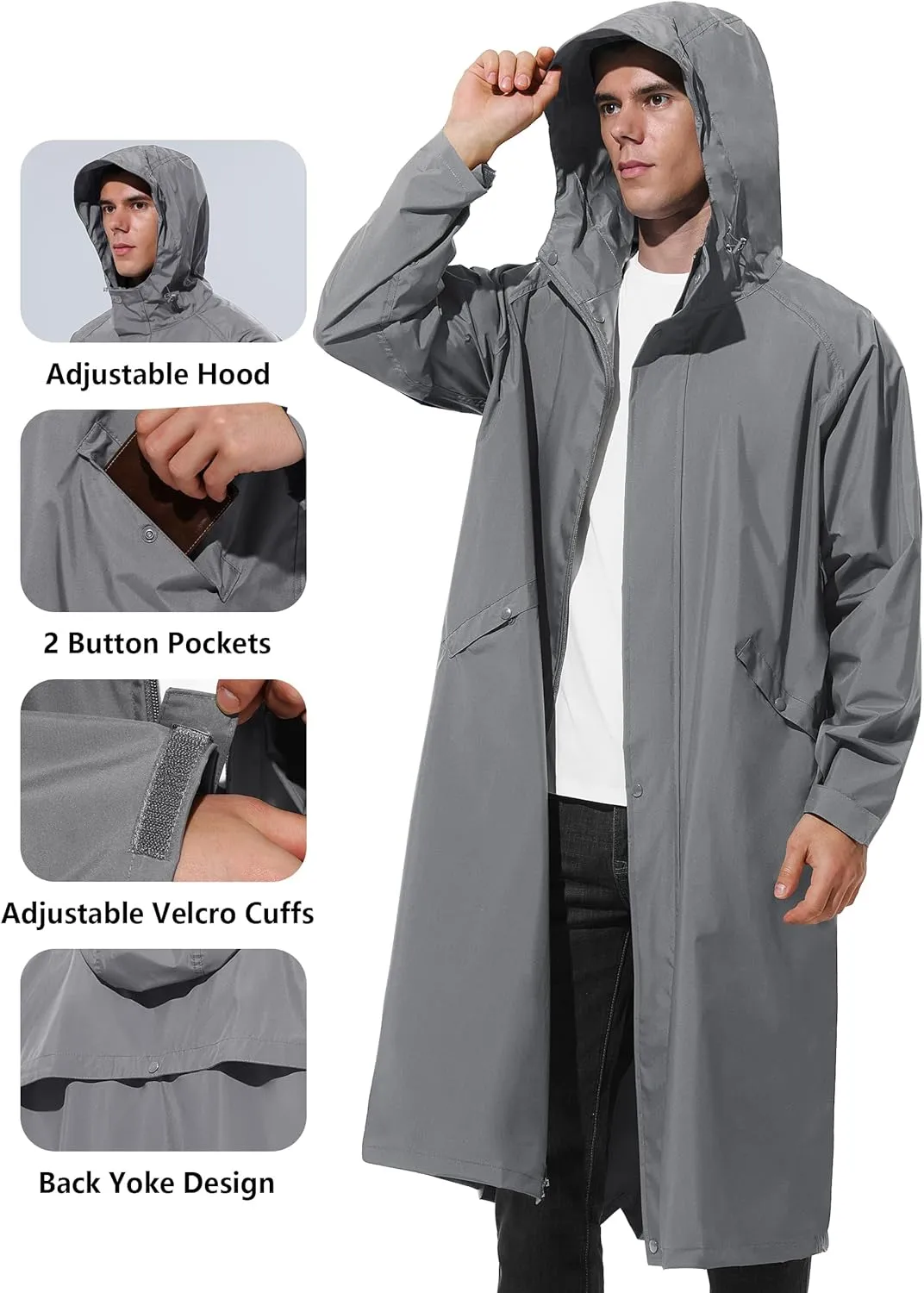 Men's Long Rain Jacket Windbreaker Waterproof Lightweight Packable Running Hiking Cycling Golf Rain Coat with Hood