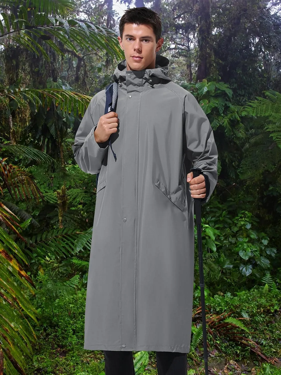 Men's Long Rain Jacket Windbreaker Waterproof Lightweight Packable Running Hiking Cycling Golf Rain Coat with Hood