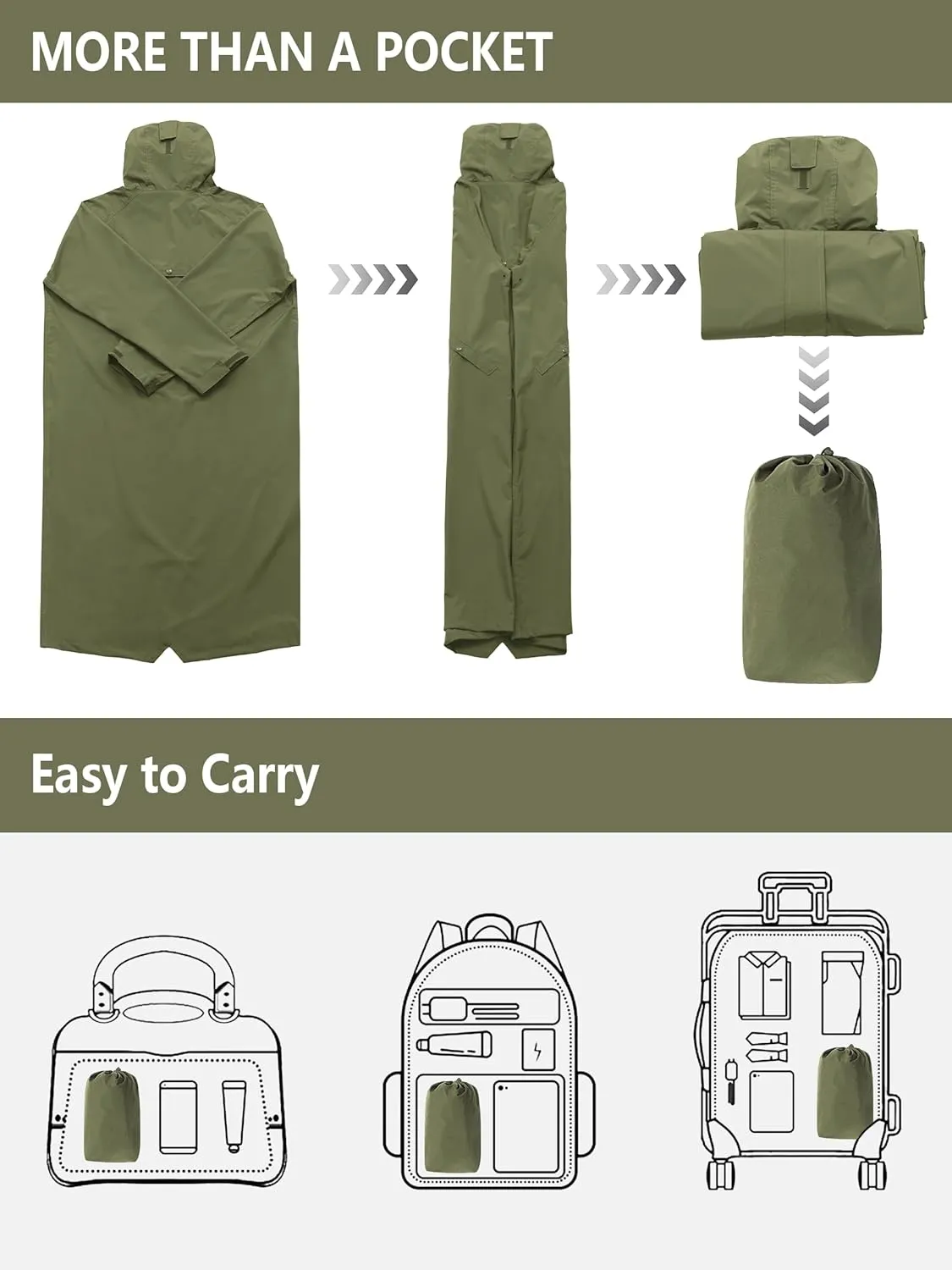 Men's Long Rain Jacket Windbreaker Waterproof Lightweight Packable Running Hiking Cycling Golf Rain Coat with Hood