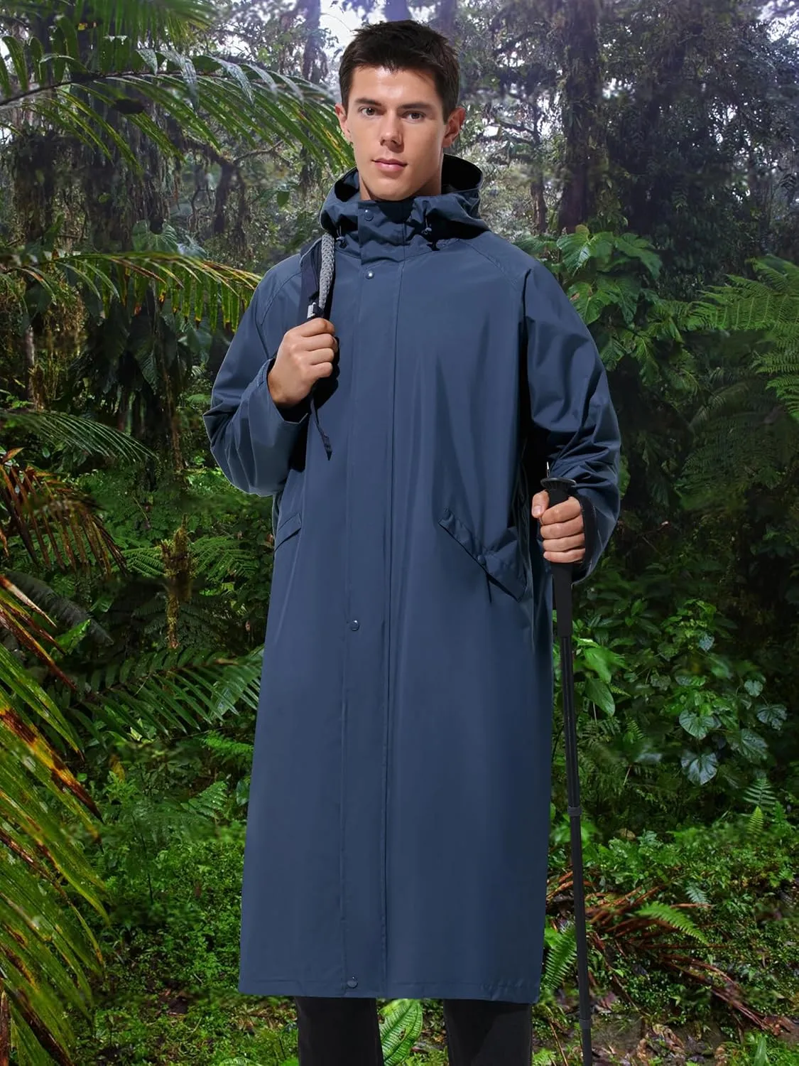 Men's Long Rain Jacket Windbreaker Waterproof Lightweight Packable Running Hiking Cycling Golf Rain Coat with Hood