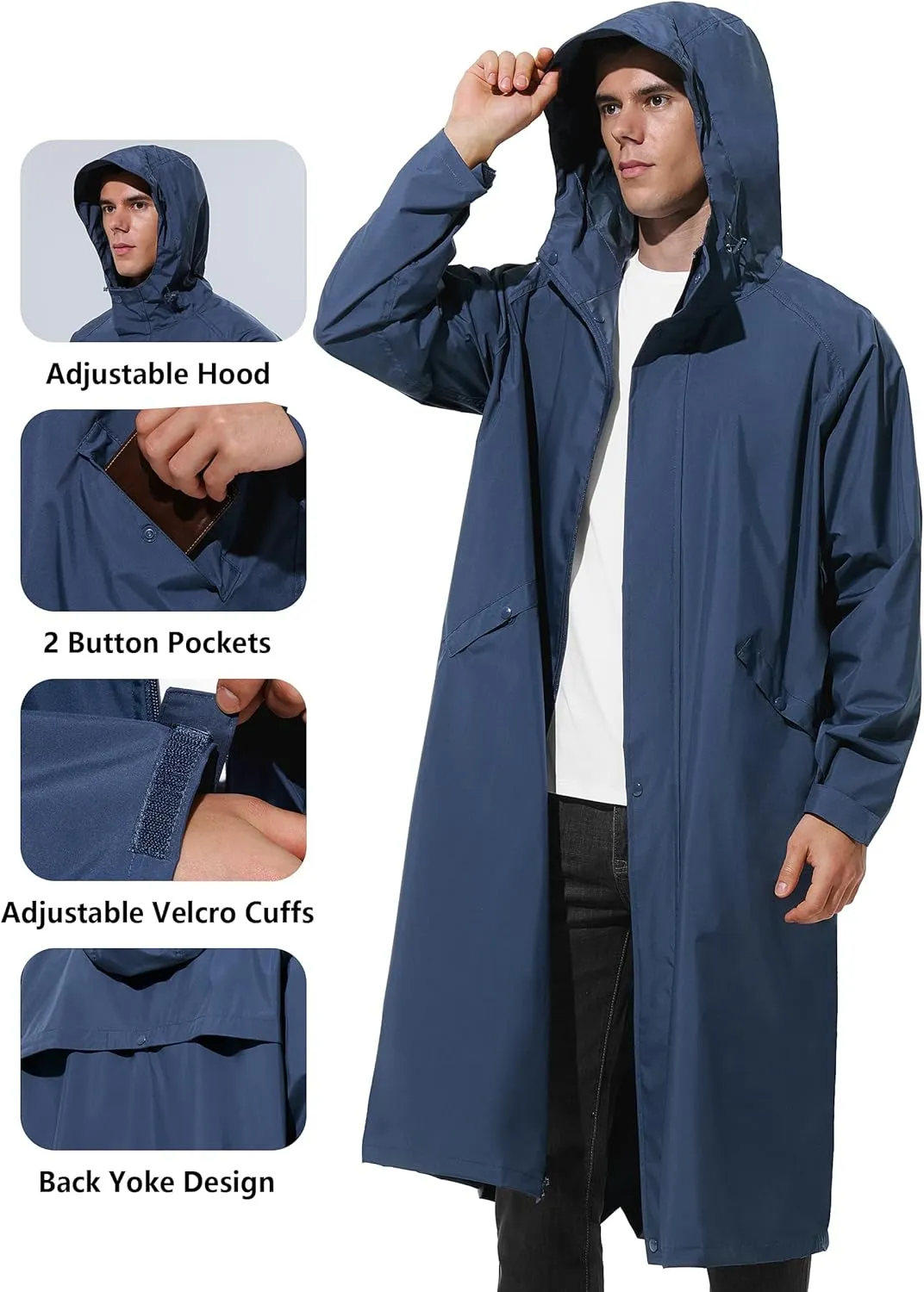 Men's Long Rain Jacket Windbreaker Waterproof Lightweight Packable Running Hiking Cycling Golf Rain Coat with Hood