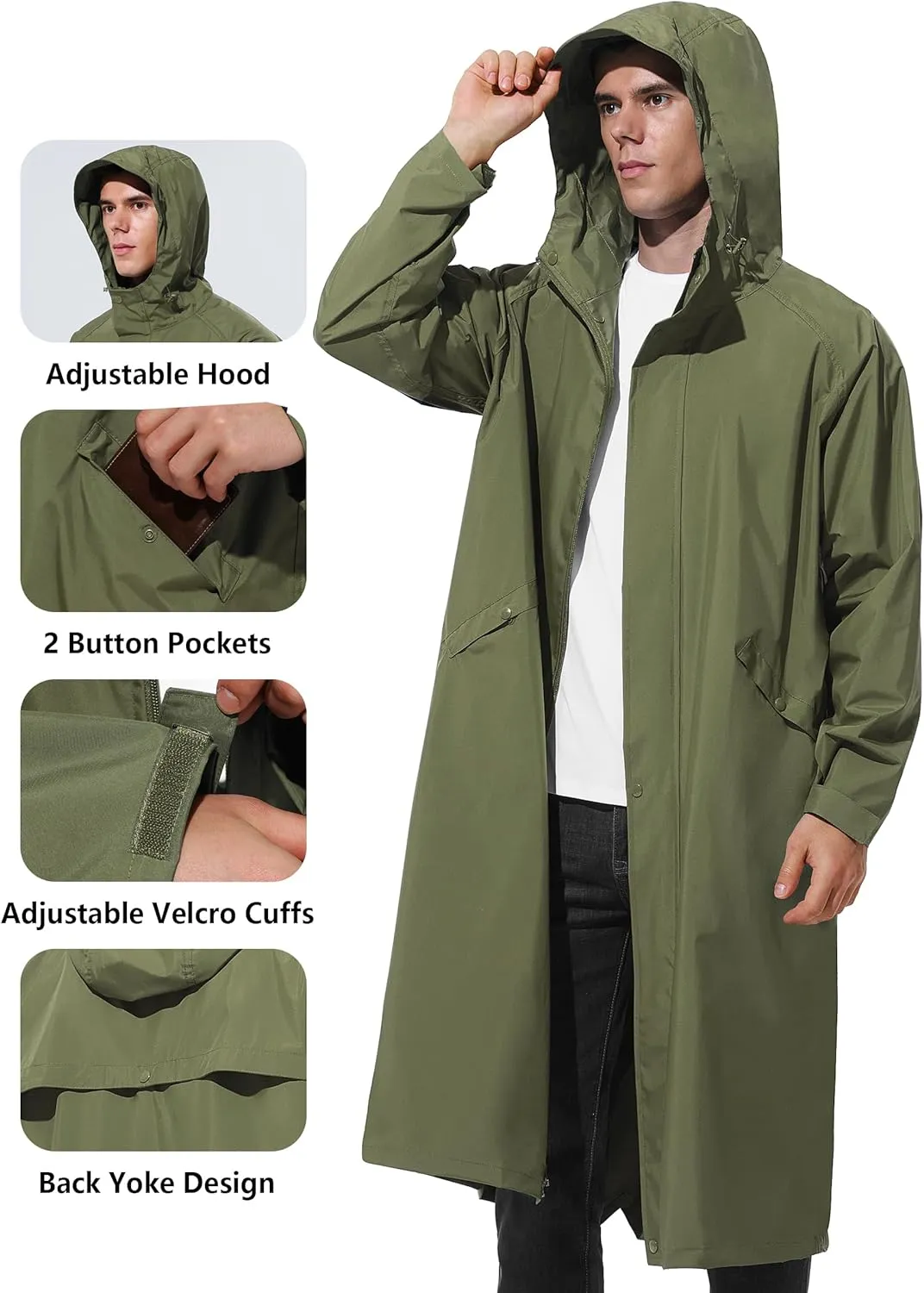 Men's Long Rain Jacket Windbreaker Waterproof Lightweight Packable Running Hiking Cycling Golf Rain Coat with Hood