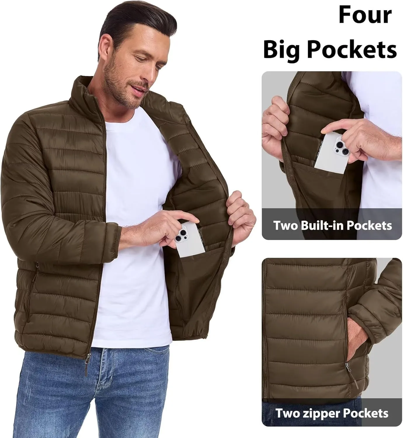 Men's Puffer Jacket Lightweight Warm Winter Coat with Zipper Pockets Insulated Ski Snow Down Jackets