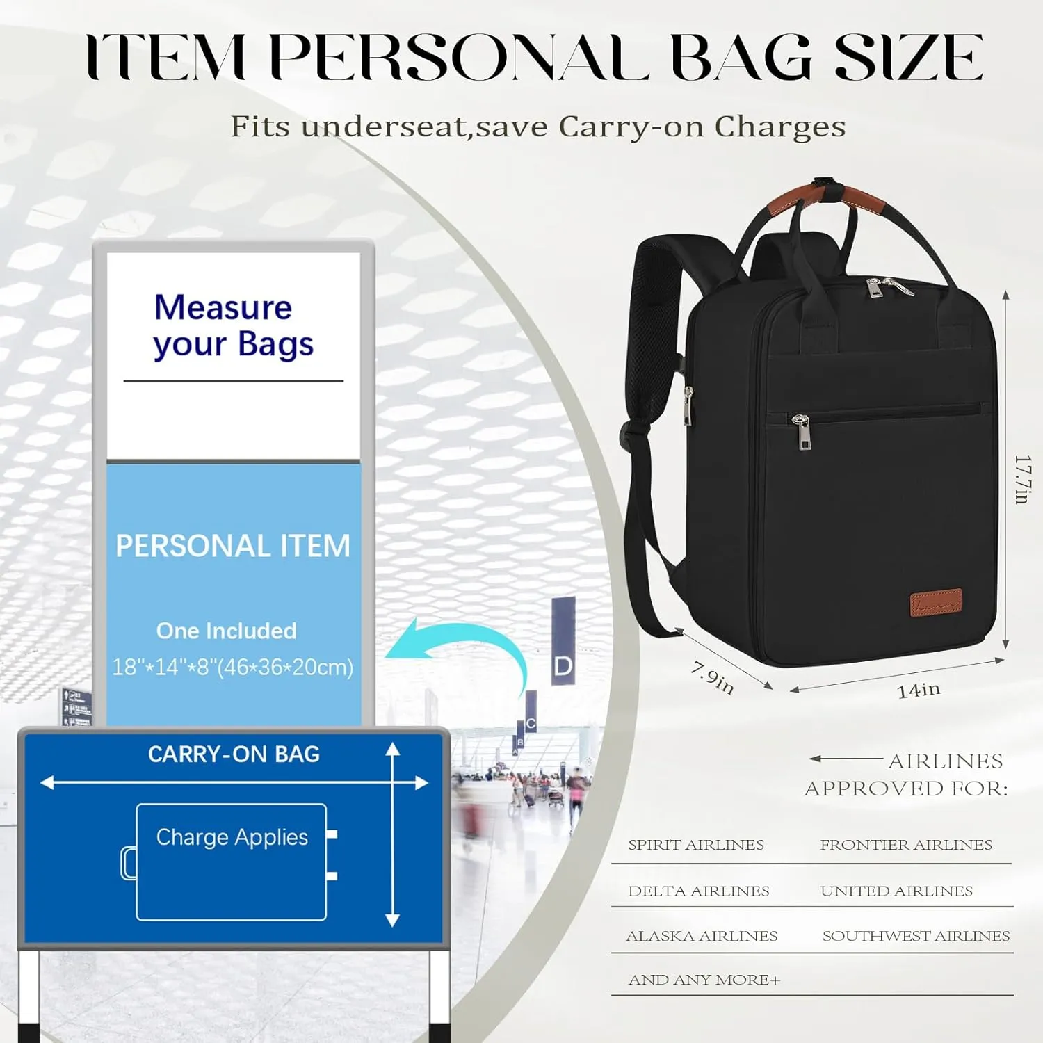Mens Womens Carry On Backpack for Airplanes Personal Item Travel Bag Frontier Spirit Airlines Personal Item Bag 18x14x8 Personal Item Backpack With Laptop Compartment Up to 17" for Women Men