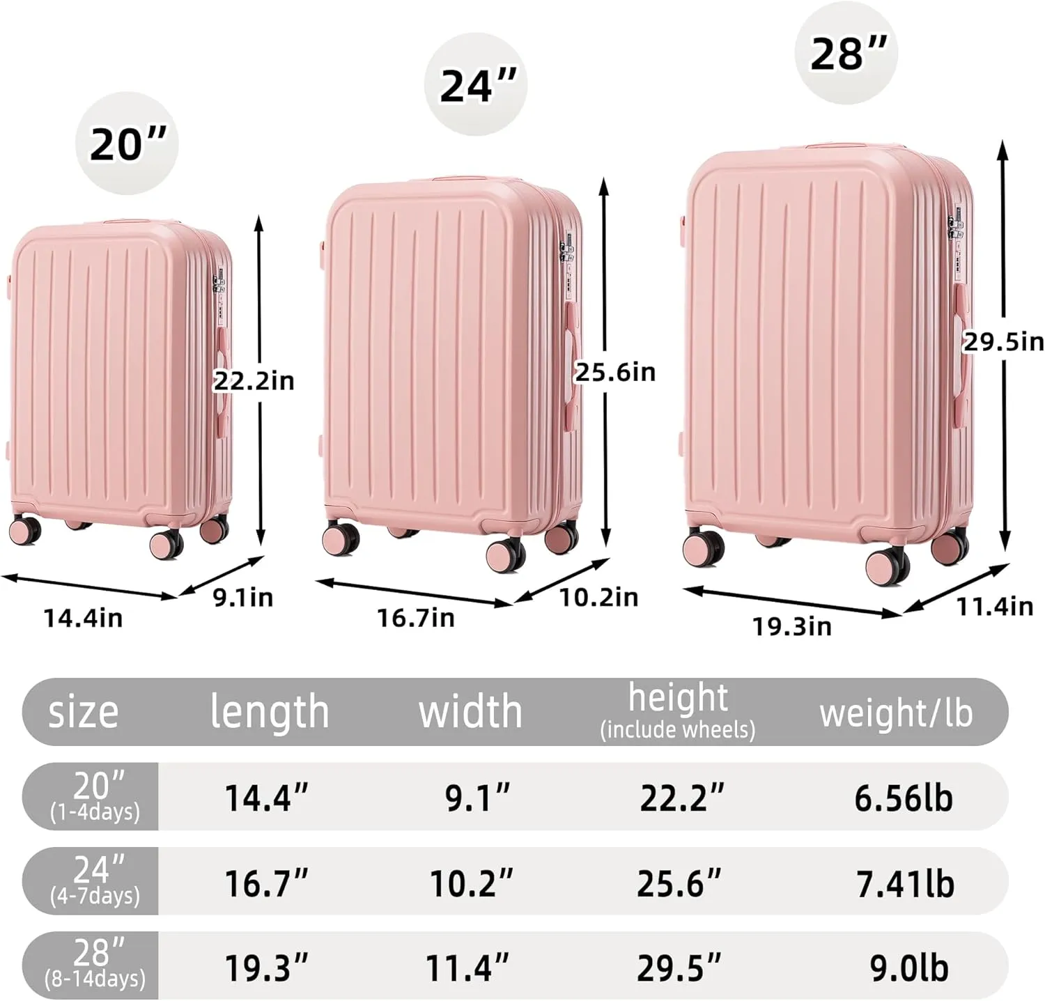Merax 3 Luggage Sets, ABS Hardshell Suitcase Durable Lightweight with Combination Lock, Pink Horizontal Stripe, 20/24/28 Inch
