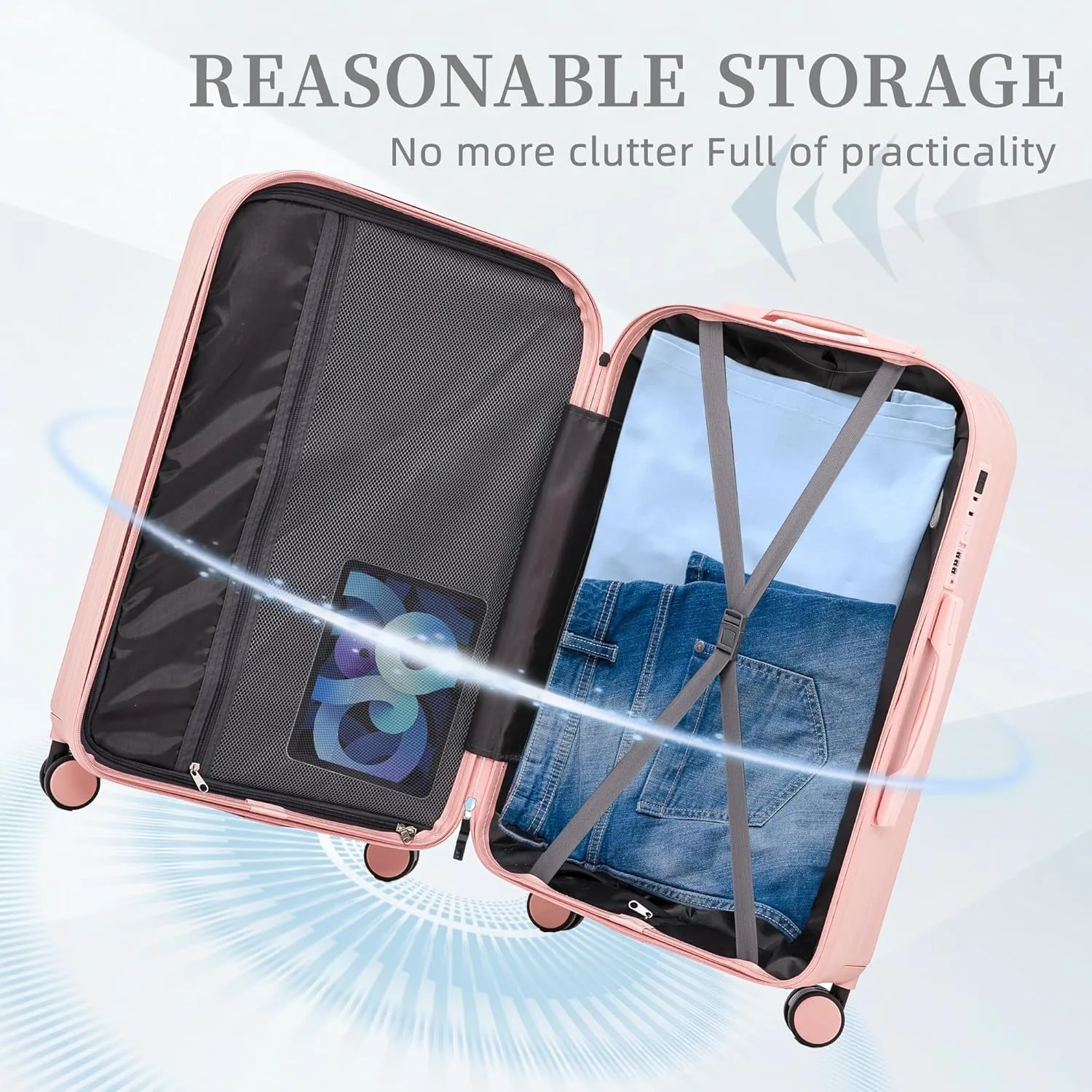 Merax 3 Luggage Sets, ABS Hardshell Suitcase Durable Lightweight with Combination Lock, Pink Horizontal Stripe, 20/24/28 Inch