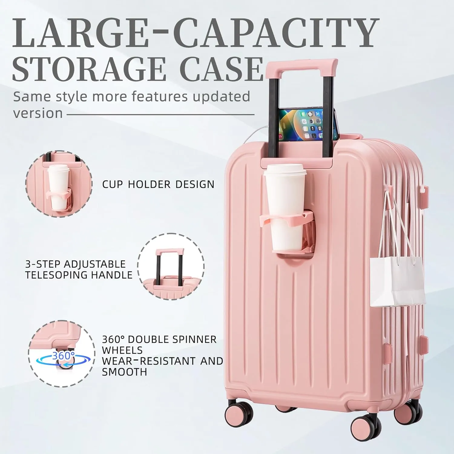 Merax 3 Luggage Sets, ABS Hardshell Suitcase Durable Lightweight with Combination Lock, Pink Horizontal Stripe, 20/24/28 Inch