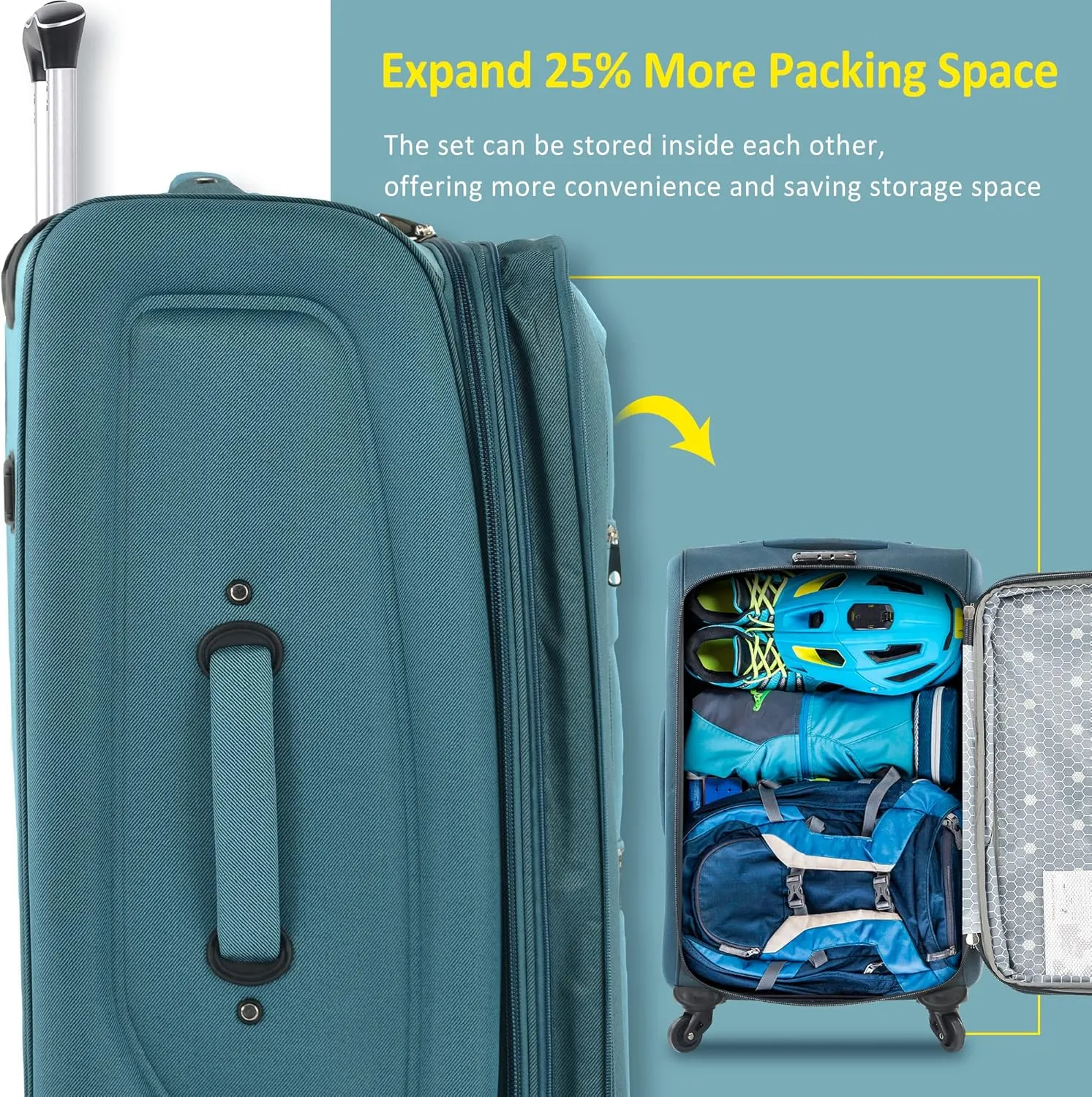 Merax 3 Piece Softside Luggage Set, Upright Spinner Softsehll Lightweight Suitcase Travel Set with Spinner Wheels and TSA Lock, Green