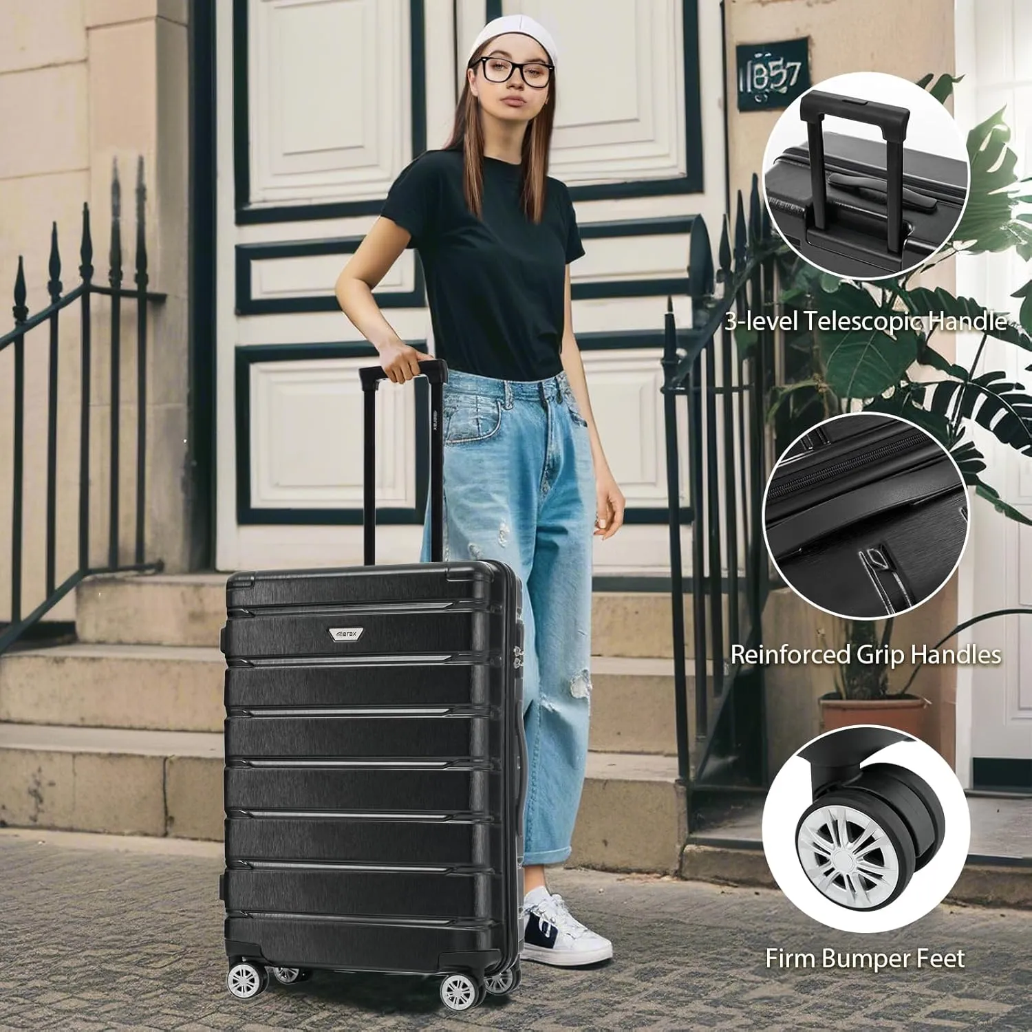Merax Luggage Set 3 Piece, Hard Shell PC ABS Lightweight Suitcase Set with Spinner Wheels, for Travel Women Men (Black)