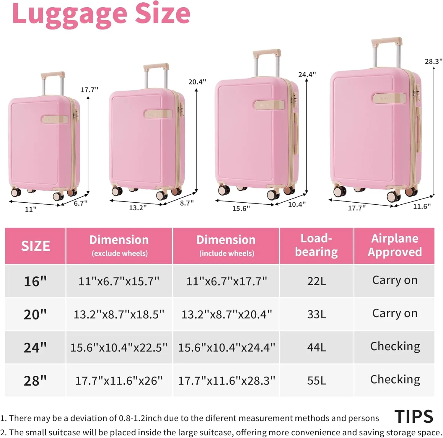 Merax Luggage Sets with Compression Packing Cubes, Hardside Expandable 4 Piece Suitcase Set with Spinner Wheels, Durable Lightweight Luggage with TSA Lock-16 20 24 28,Pink