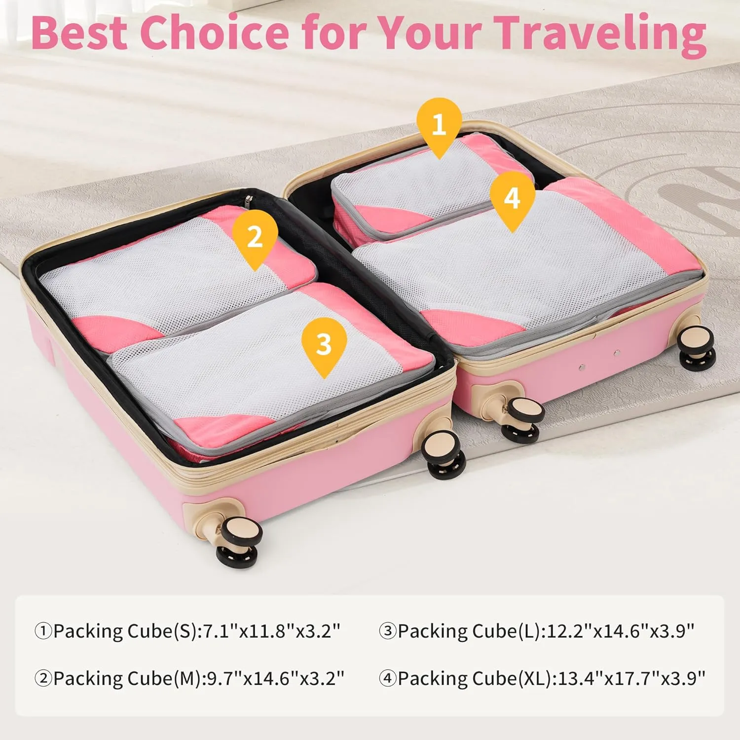 Merax Luggage Sets with Compression Packing Cubes, Hardside Expandable 4 Piece Suitcase Set with Spinner Wheels, Durable Lightweight Luggage with TSA Lock-16 20 24 28,Pink