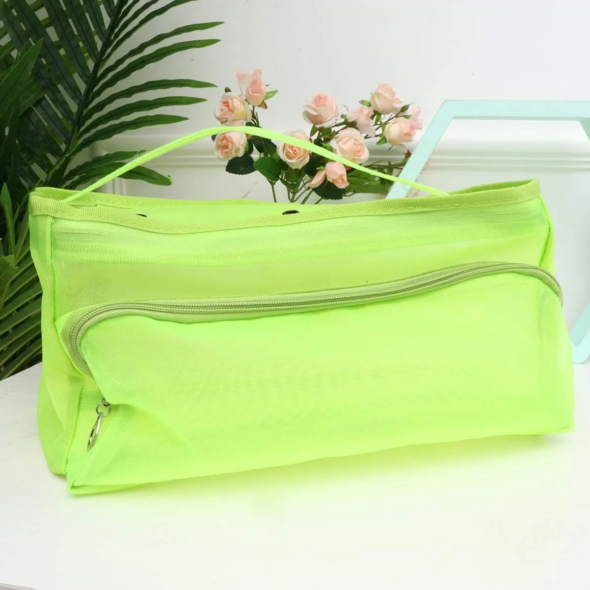 Mesh Knitting Bag Woolen Yarn Tote Organizer Net Bag with Zipper Closure Carrying Knitting Needles Sewing (Light Green)