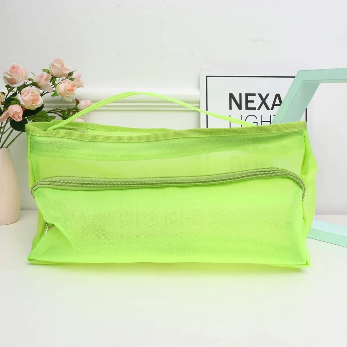 Mesh Knitting Bag Woolen Yarn Tote Organizer Net Bag with Zipper Closure Carrying Knitting Needles Sewing (Light Green)