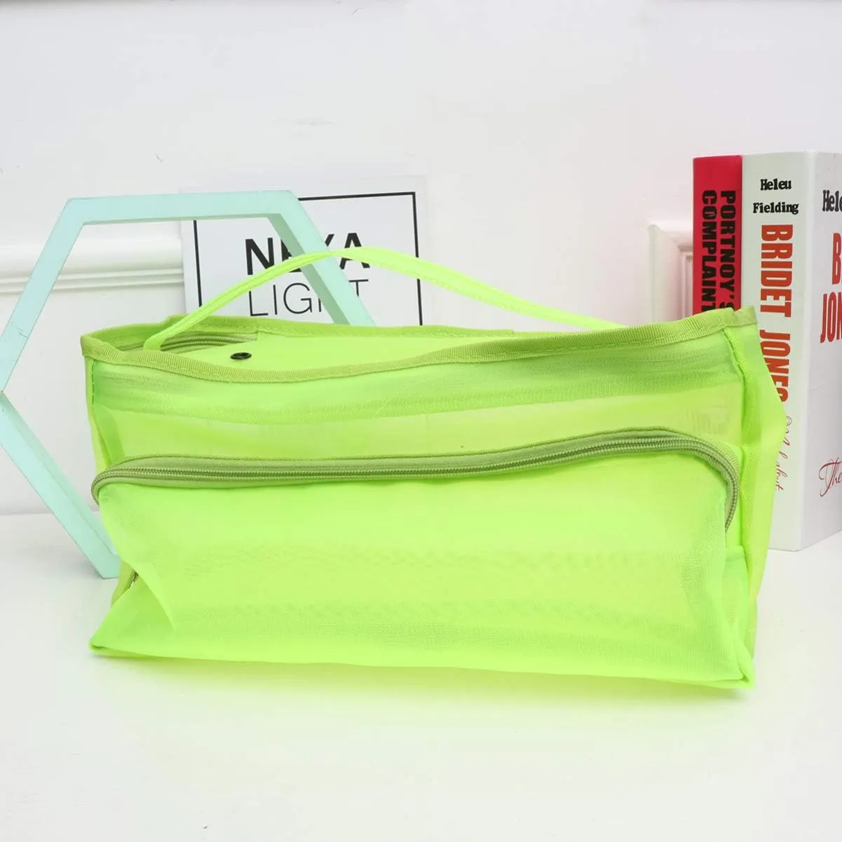 Mesh Knitting Bag Woolen Yarn Tote Organizer Net Bag with Zipper Closure Carrying Knitting Needles Sewing (Light Green)