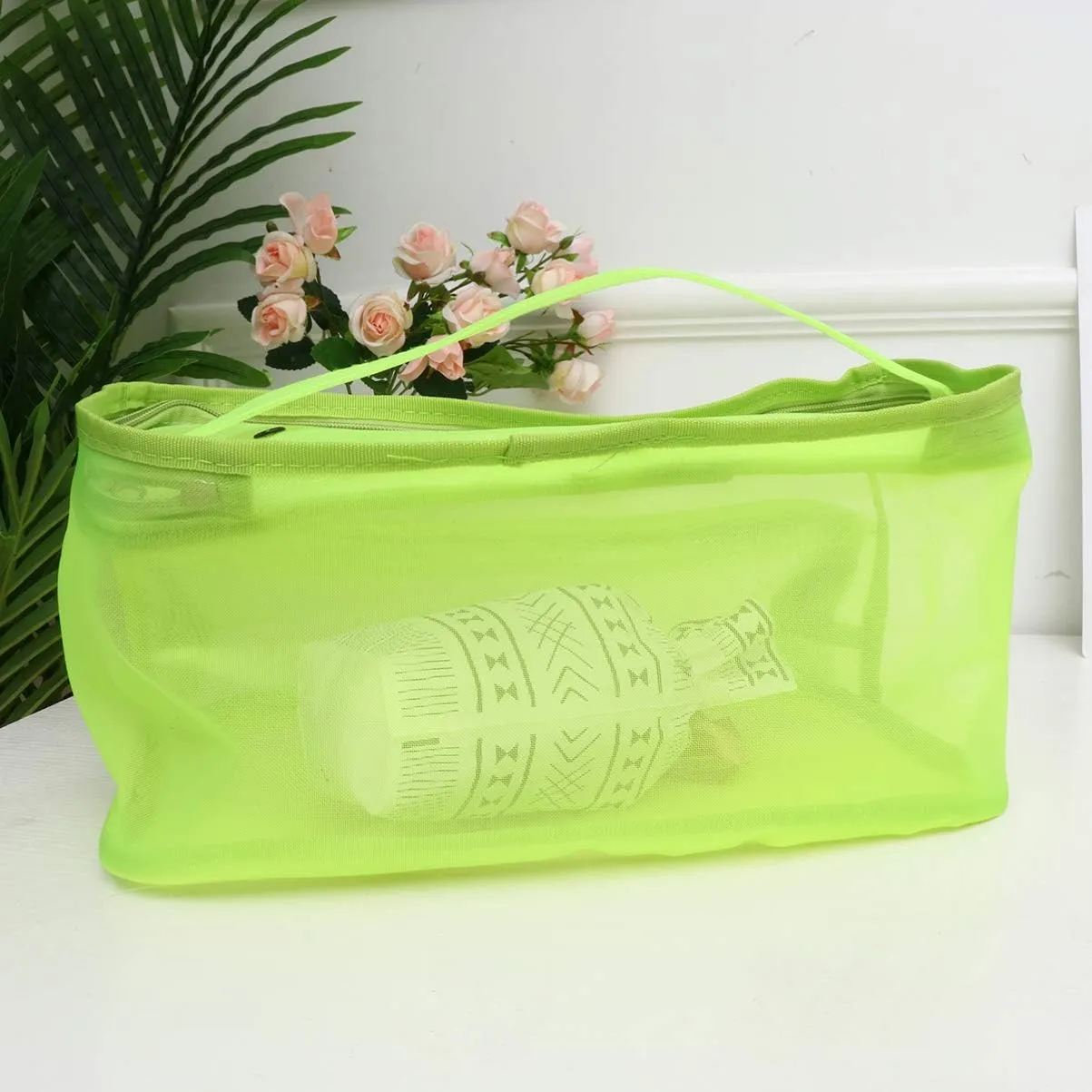 Mesh Knitting Bag Woolen Yarn Tote Organizer Net Bag with Zipper Closure Carrying Knitting Needles Sewing (Light Green)