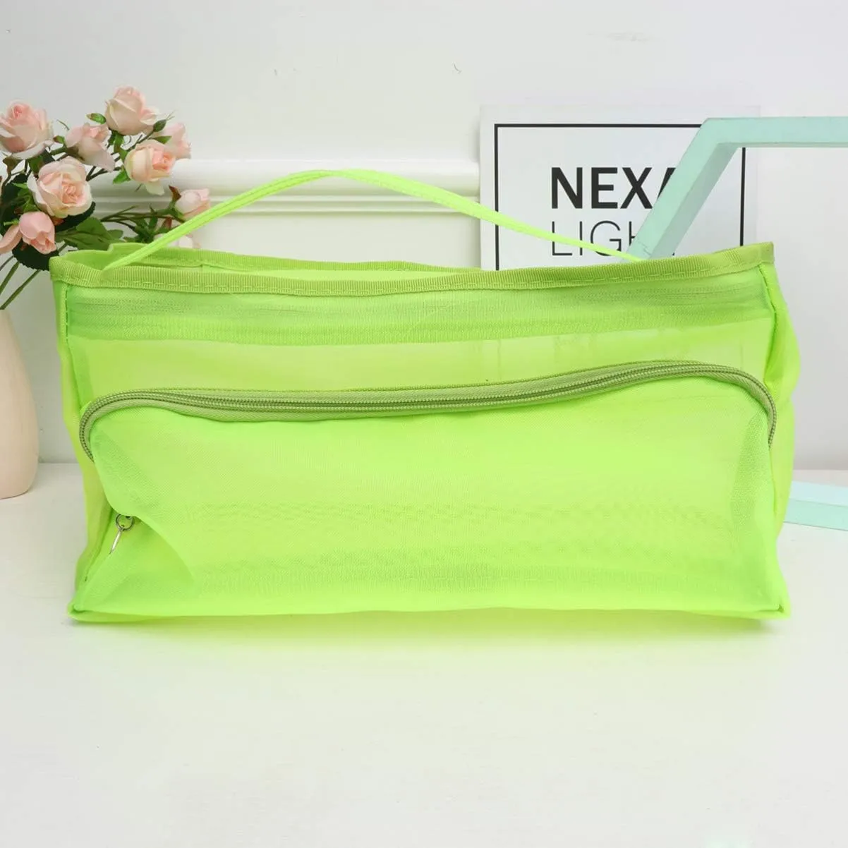 Mesh Knitting Bag Woolen Yarn Tote Organizer Net Bag with Zipper Closure Carrying Knitting Needles Sewing (Light Green)