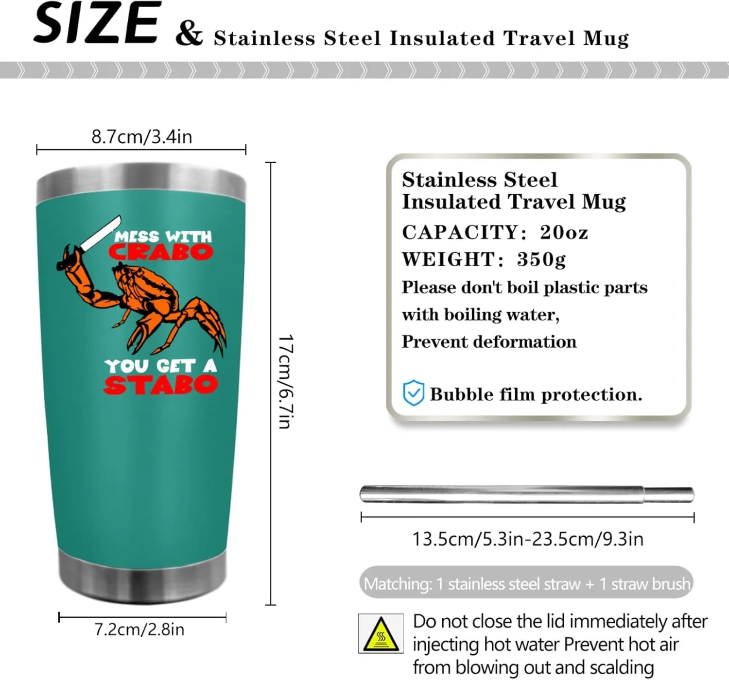 Mess With The Crabo You Get The Stabo Tumbler 20 oz Tumbler with Lid and Straw Insulated Tumbler Stainless Steel Tumbler