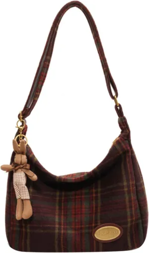 Messenger Bag Crossbody Plaid Tweed Purse Hobo Bags for Women Vintage Shoulder Bag Tote Bag with Zipper