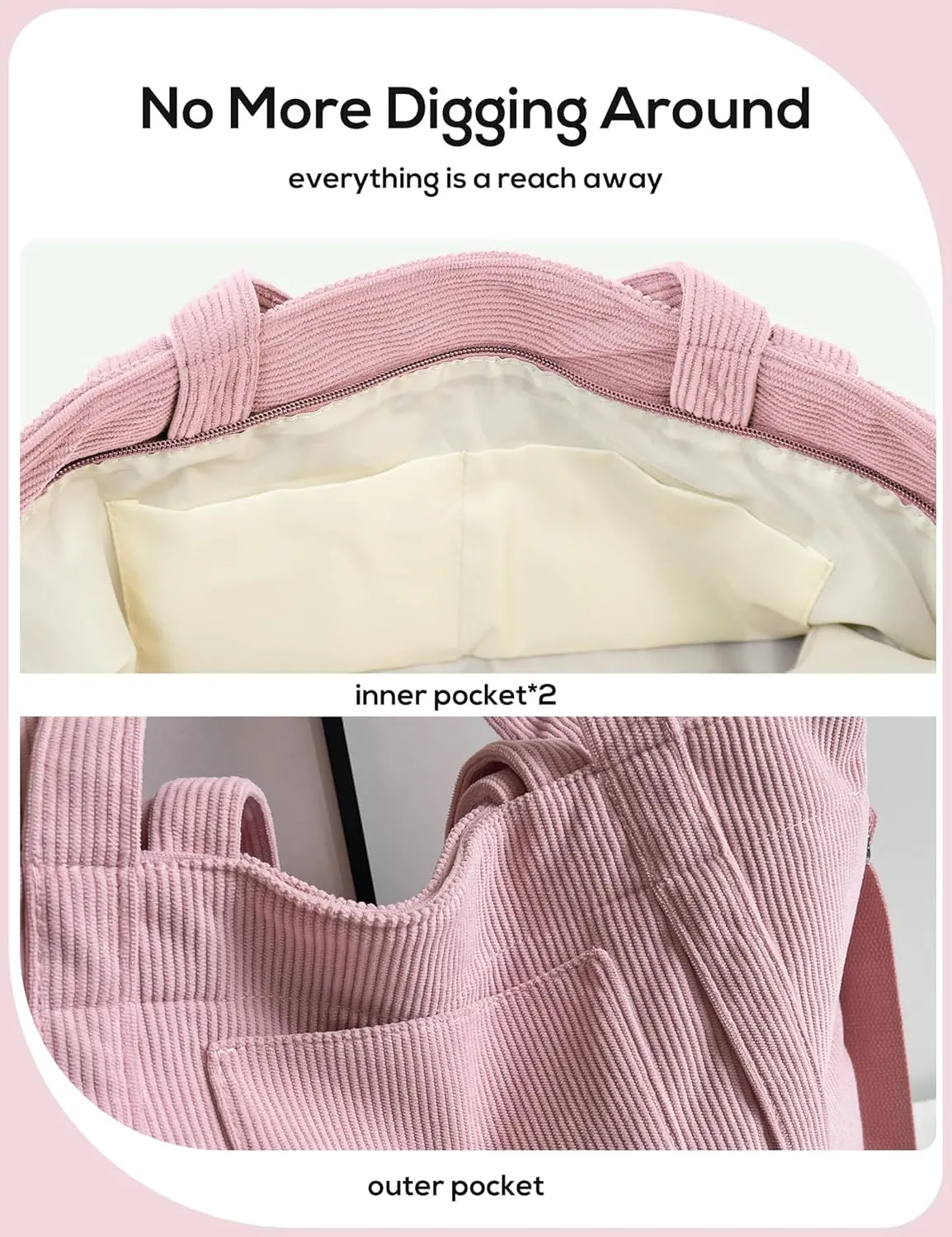 METALPHA Tote Bag for Women, Large Work Corduroy Tote Bags Zippered Messenger Travel Bag Shoulder Crossbody Hobo Handbags